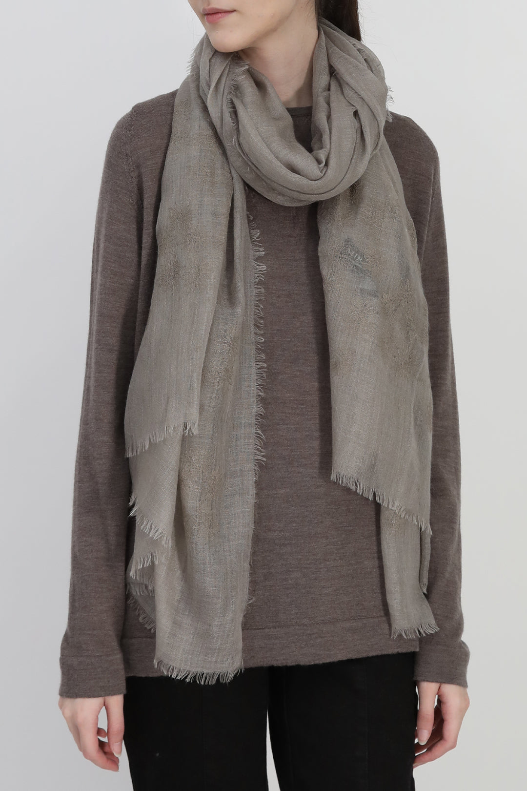 EMBROIDERED ASH GREY ITALIAN CASHMERE SCARF