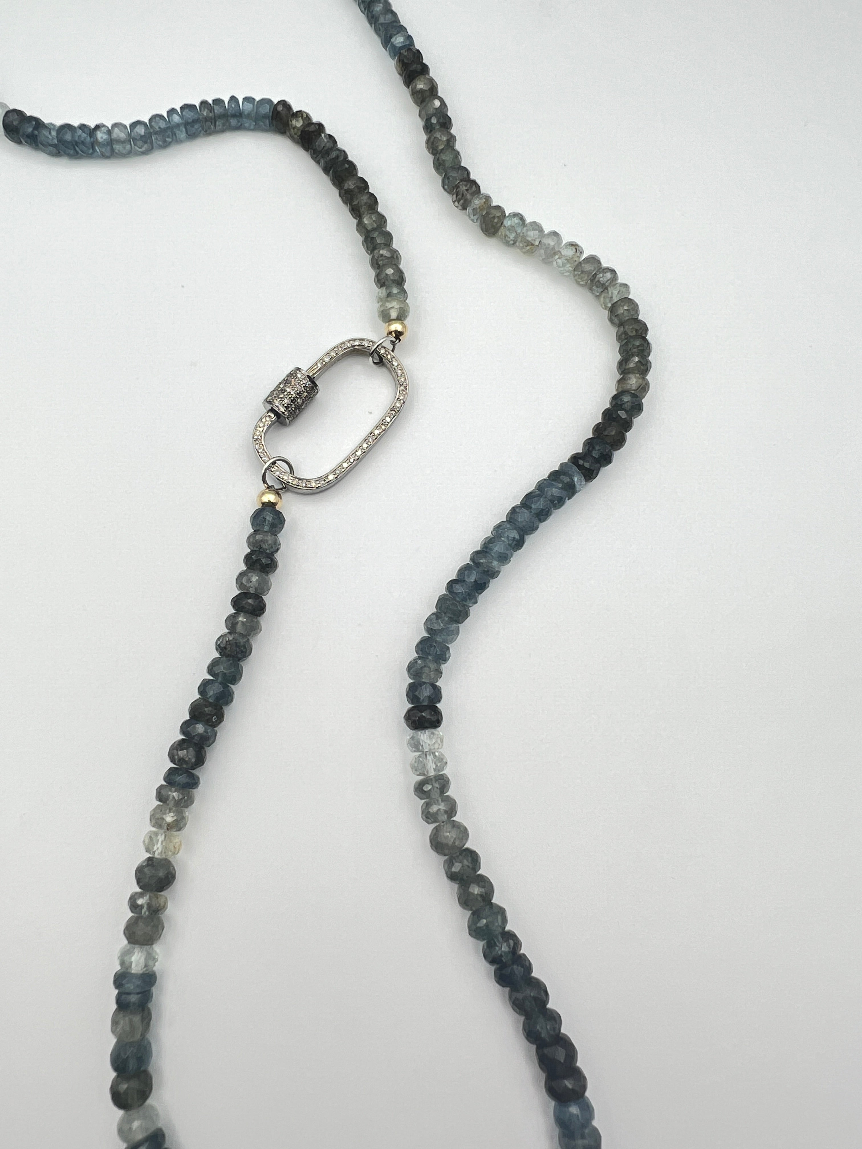 Aquamarine Long Necklace w Diamond Carabiner Clasp
