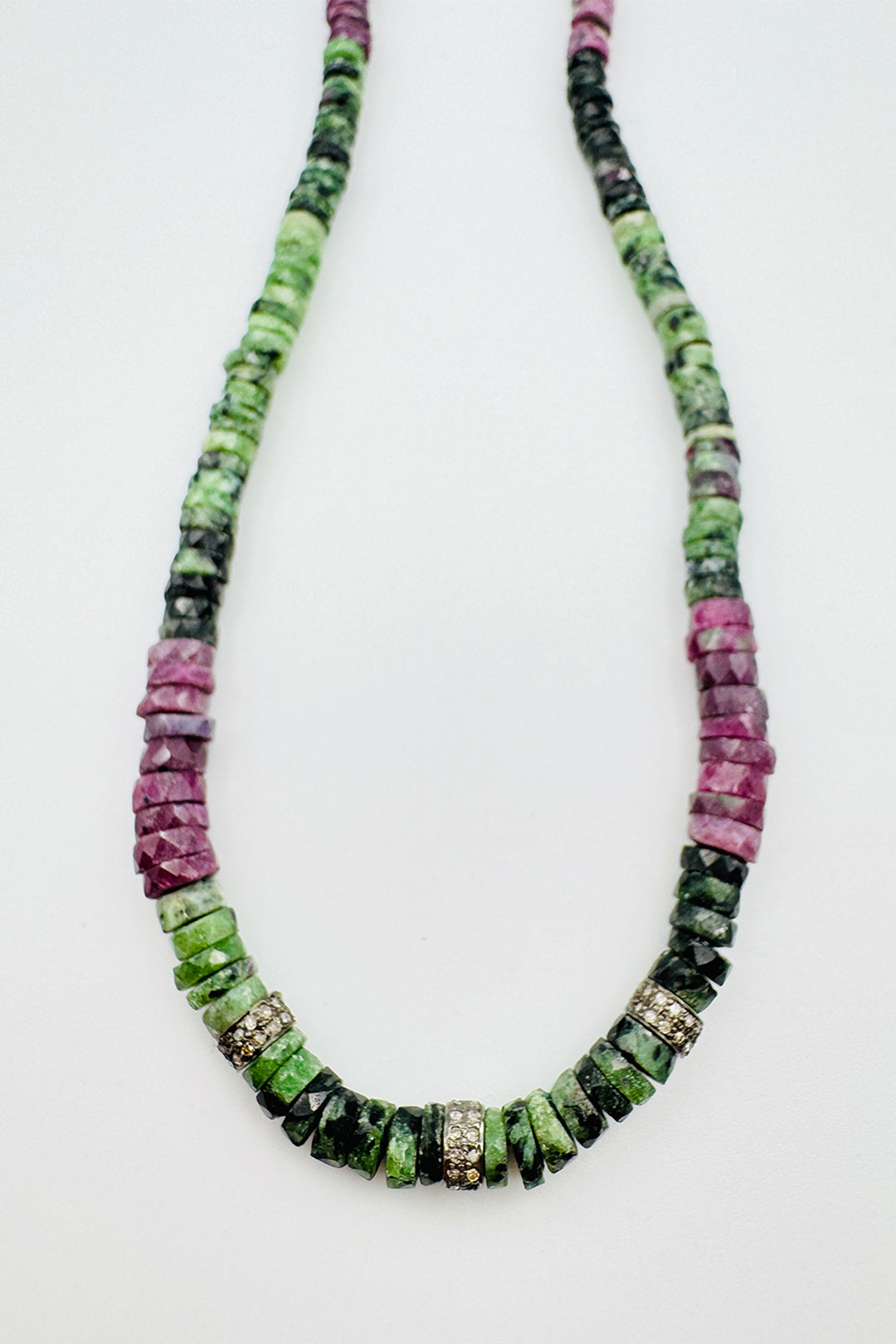 RUBY ZOISITE HEISHI NECKLACE WITH 3 DOUBLE DIAMOND RHONDELS