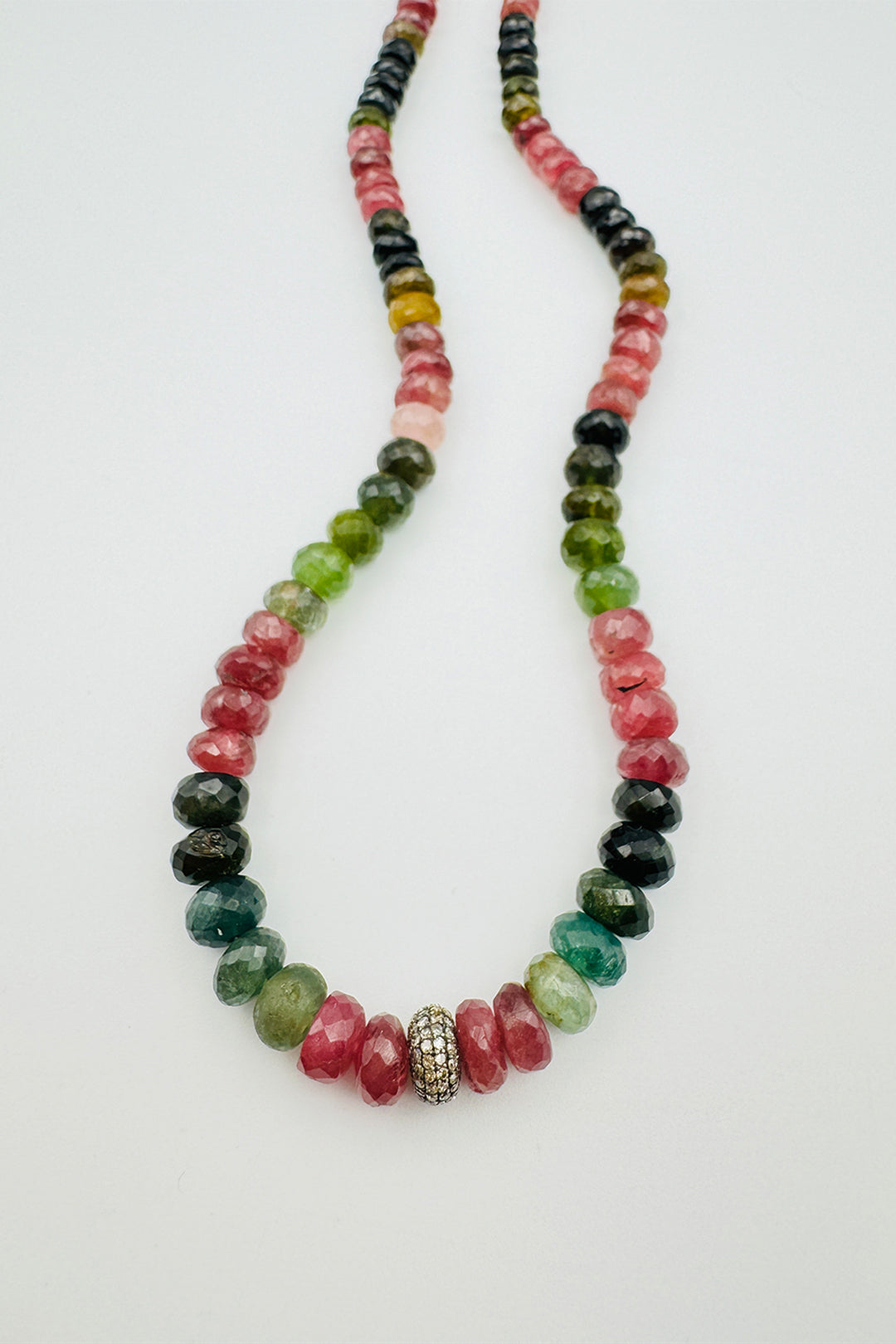 LARGE FACETED WATERMELON TOURMALINE NECKLACE WITH DIAMOND DONUT CENTER