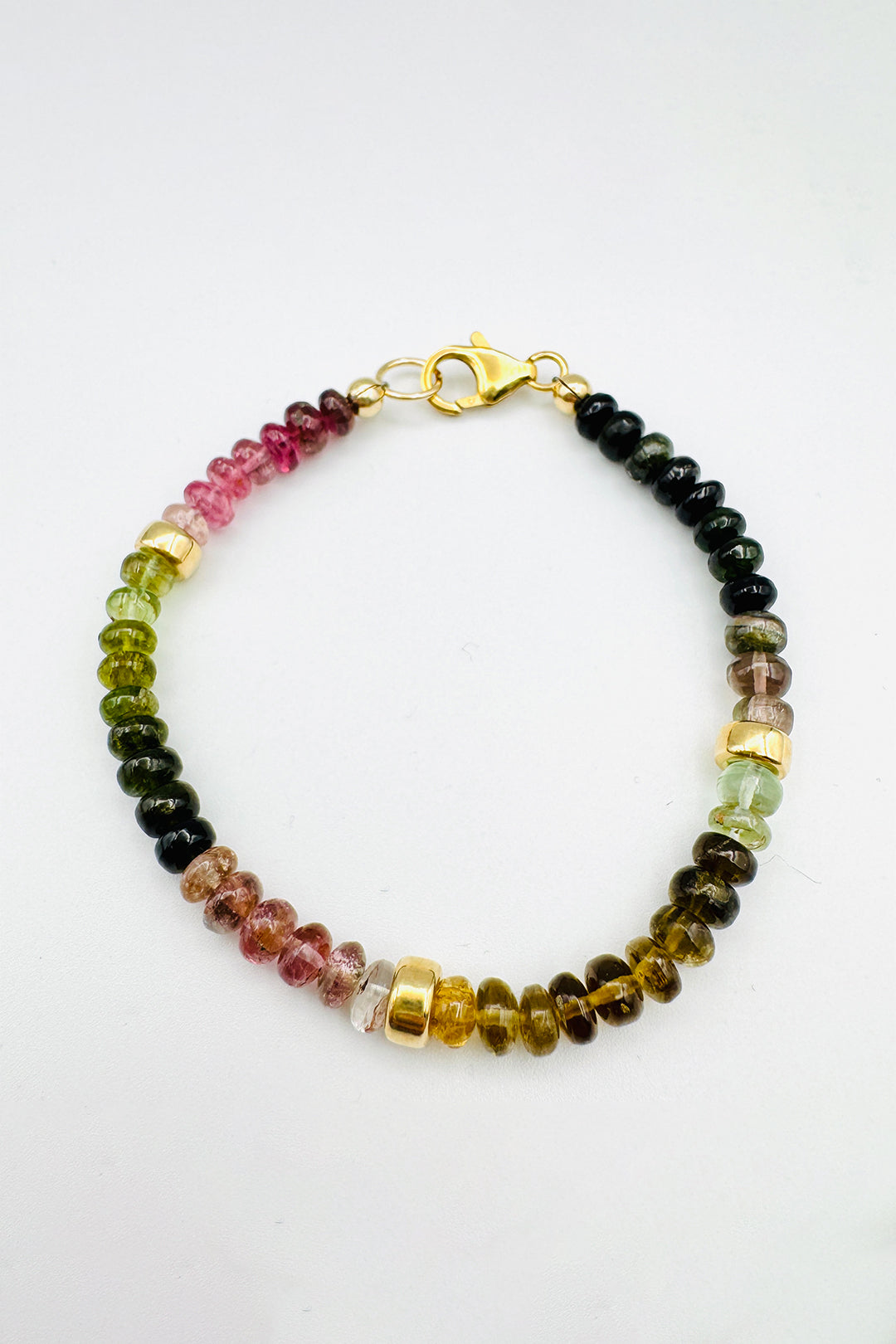 WATERMELON TOURMALINE SMOOTH BRACELET WITH GOLD BEAD