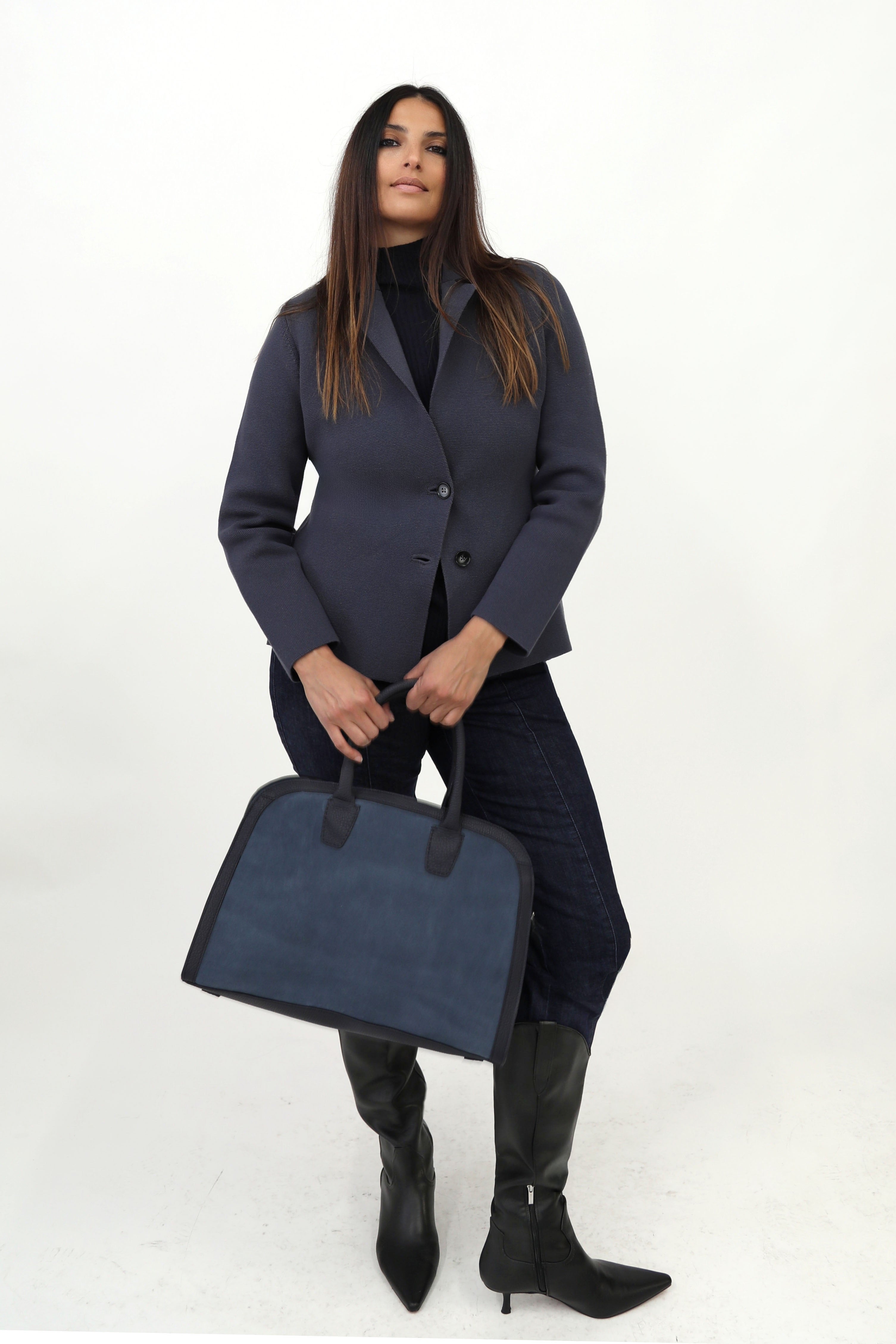 ARDEN HANDBAG IN ITALIAN SUEDE NAVY TRIM
