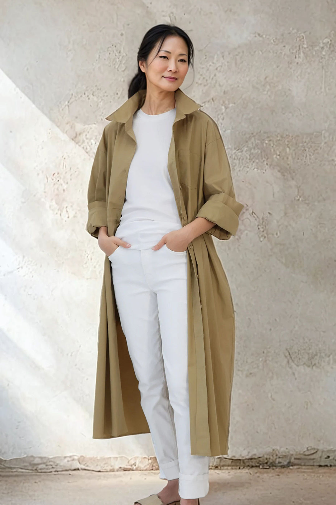 SIDE-CINCH SHIRTDRESS IN ITALIAN COTTON STRETCH