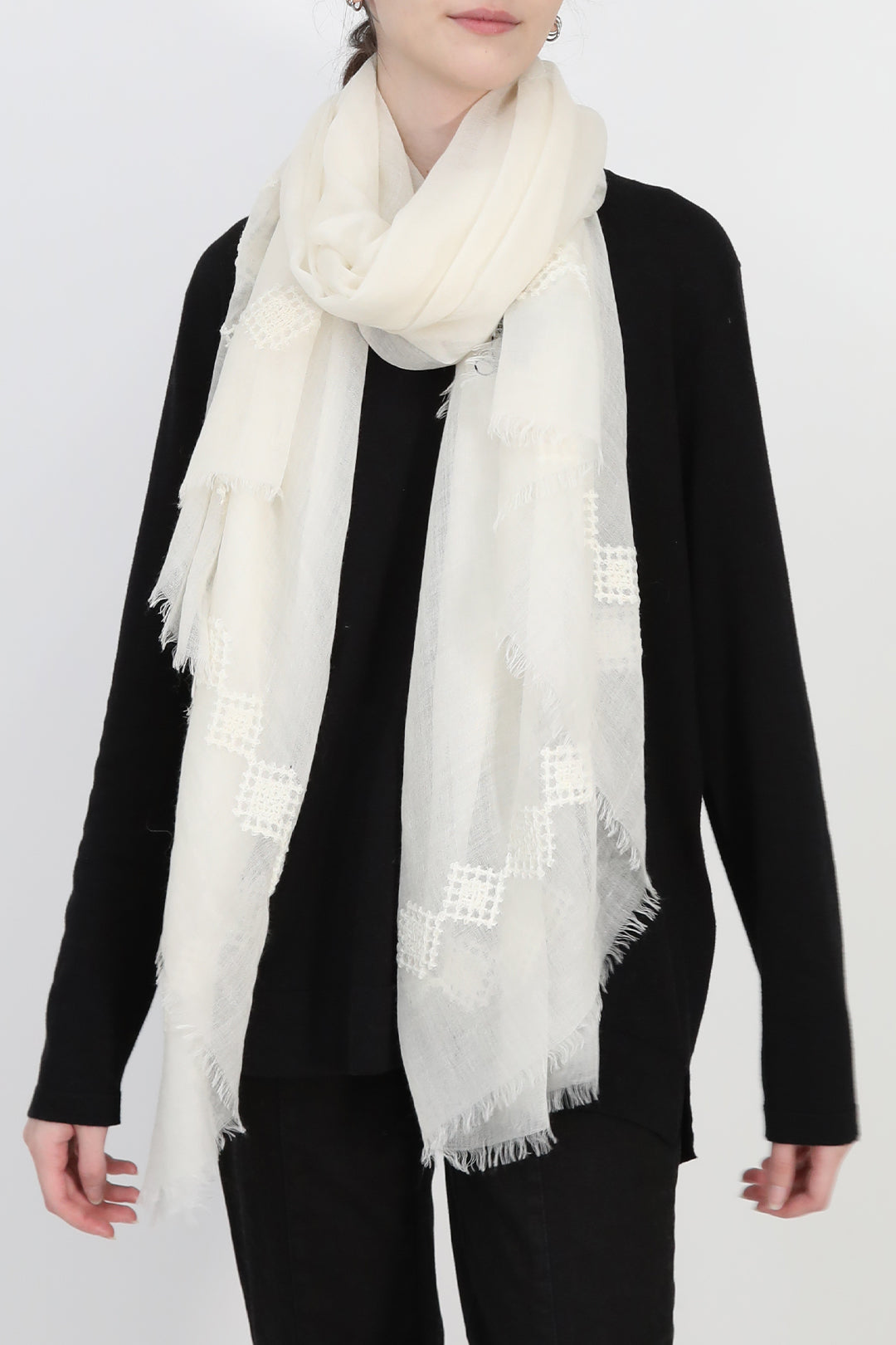 EMBROIDERED IVORY ITALIAN CASHMERE SCARF