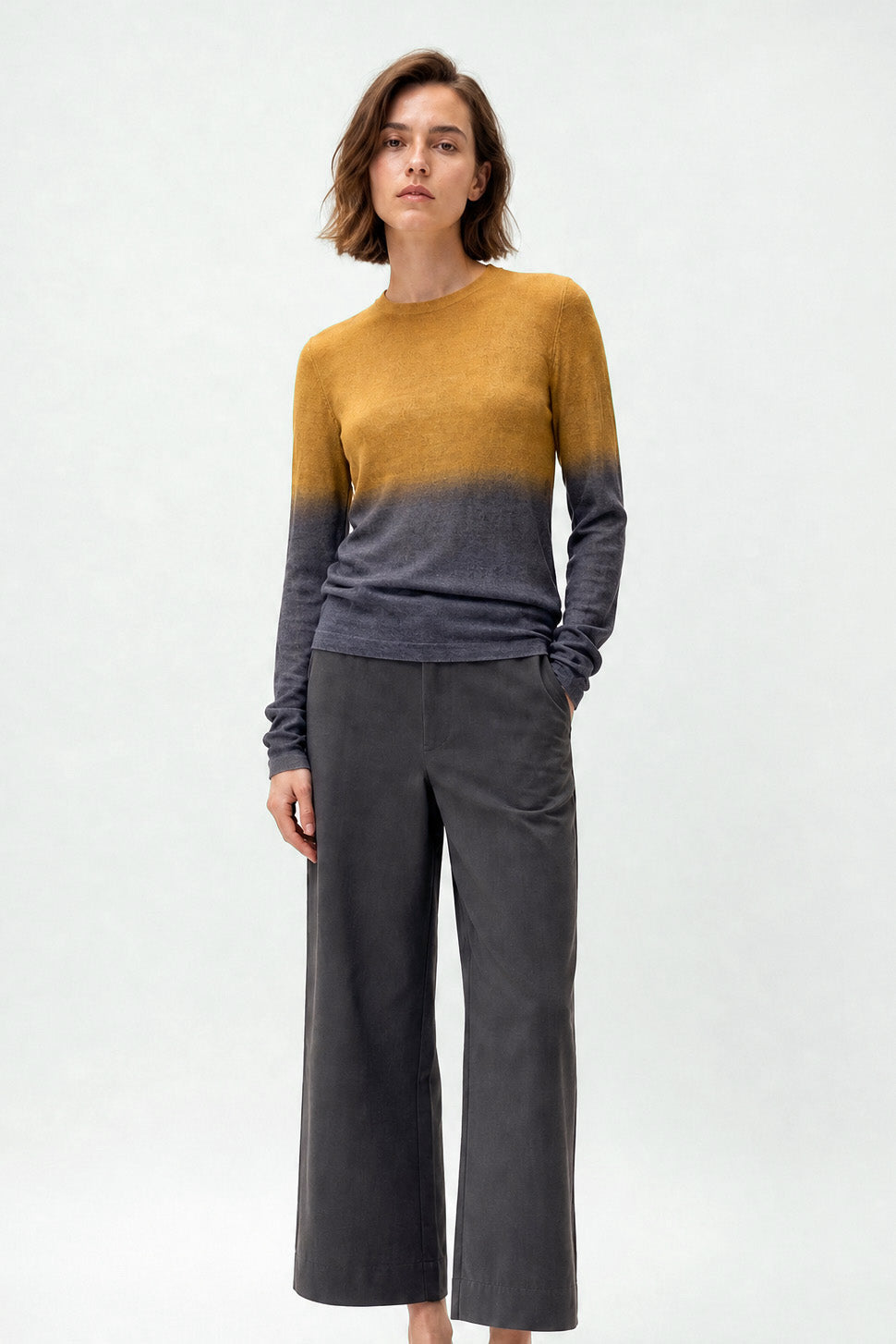 SOREN CREW IN HAND DYED CASHMERE IN OCHRE CHARCOAL
