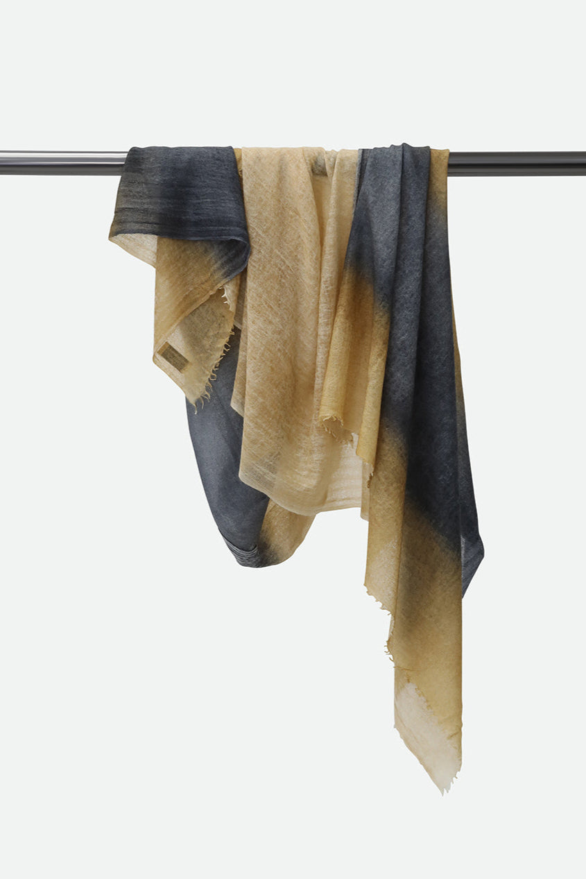 SCARF IN HAND DYED CASHMERE GOLD CHARCOAL STRIPE