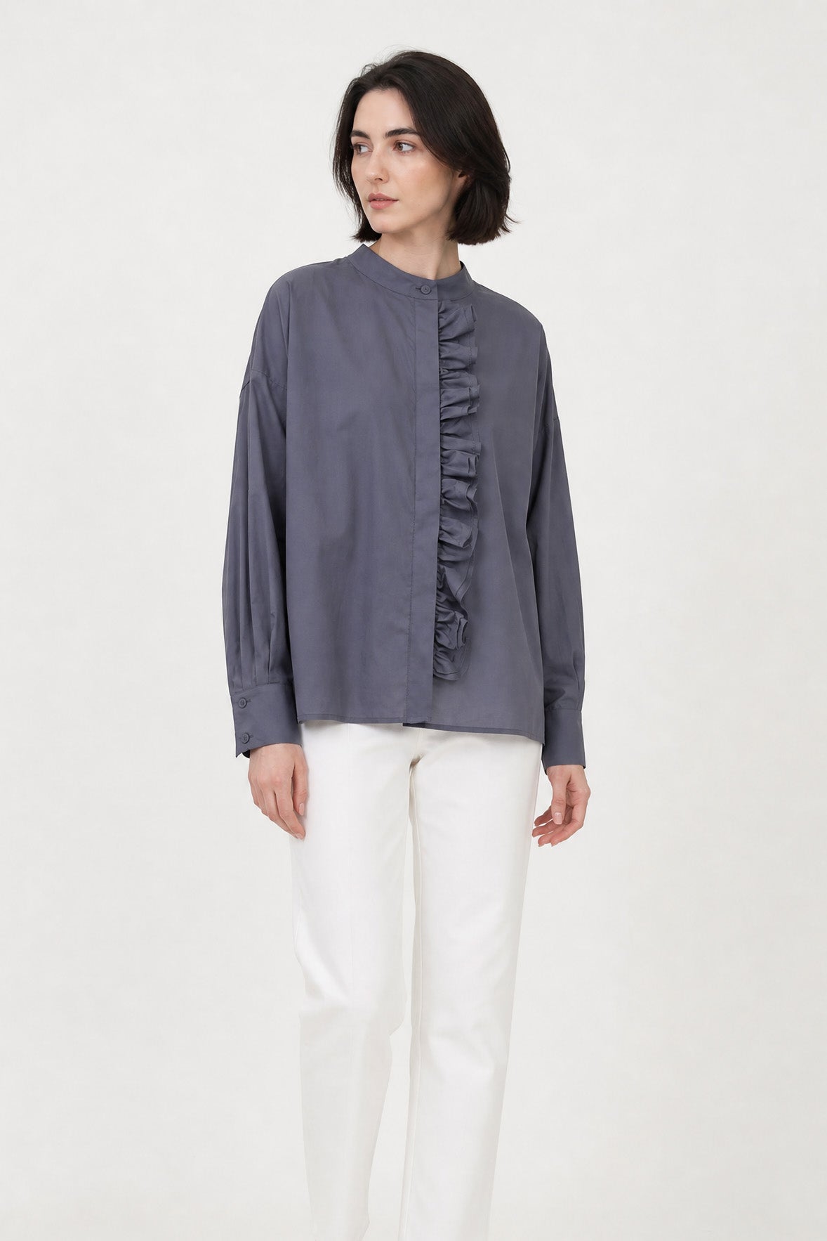 FLEUR RUFFLE SHIRT IN COTTON SLATE GREY
