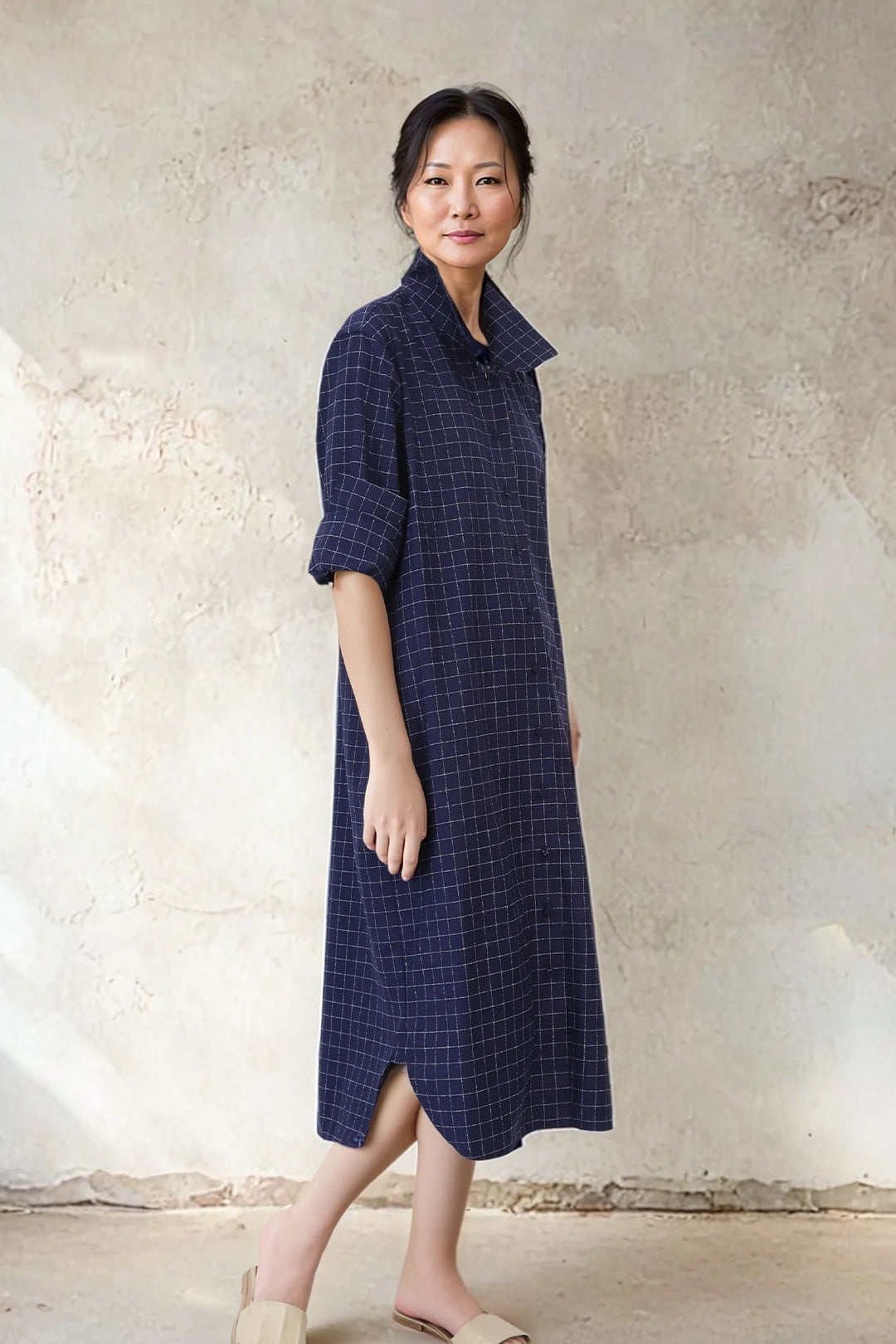 SHIRTDRESS IN PREMIUM ITALIAN COTTON DEEP BLUE SQUARE