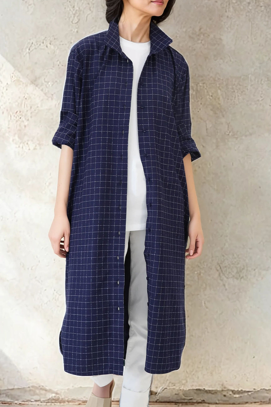 SHIRTDRESS IN PREMIUM ITALIAN COTTON DEEP BLUE SQUARE