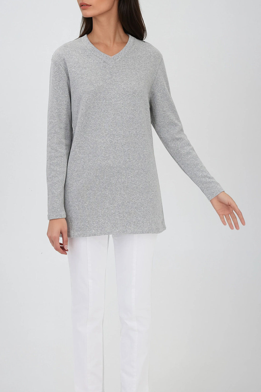 A LINE V NECK LONG SLEEVE TUNIC IN HEATHERED PIMA STRETCH