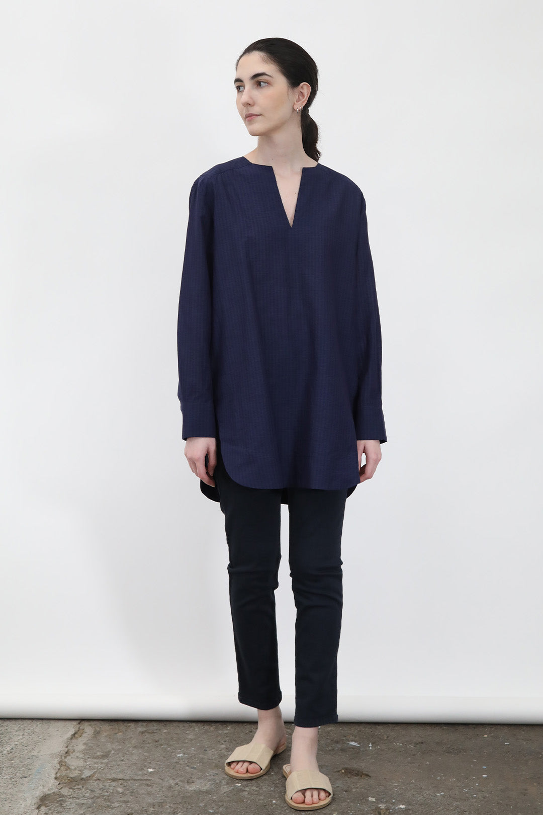 MARAKESH TUNIC SHIRT IN COTTON LINEN NAVY BLUE STRIPE