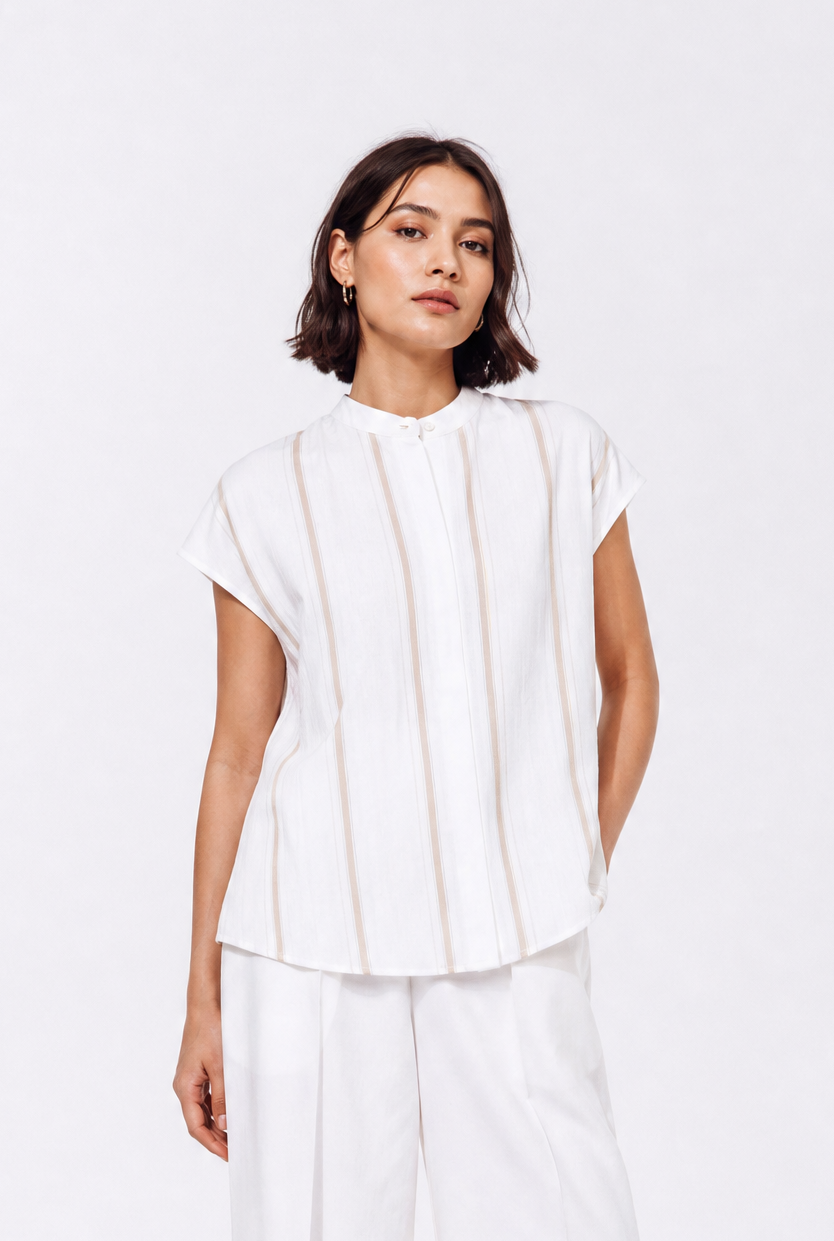 LILY CAP SLEEVE BUTTON TOP IN LINEN-COTTON