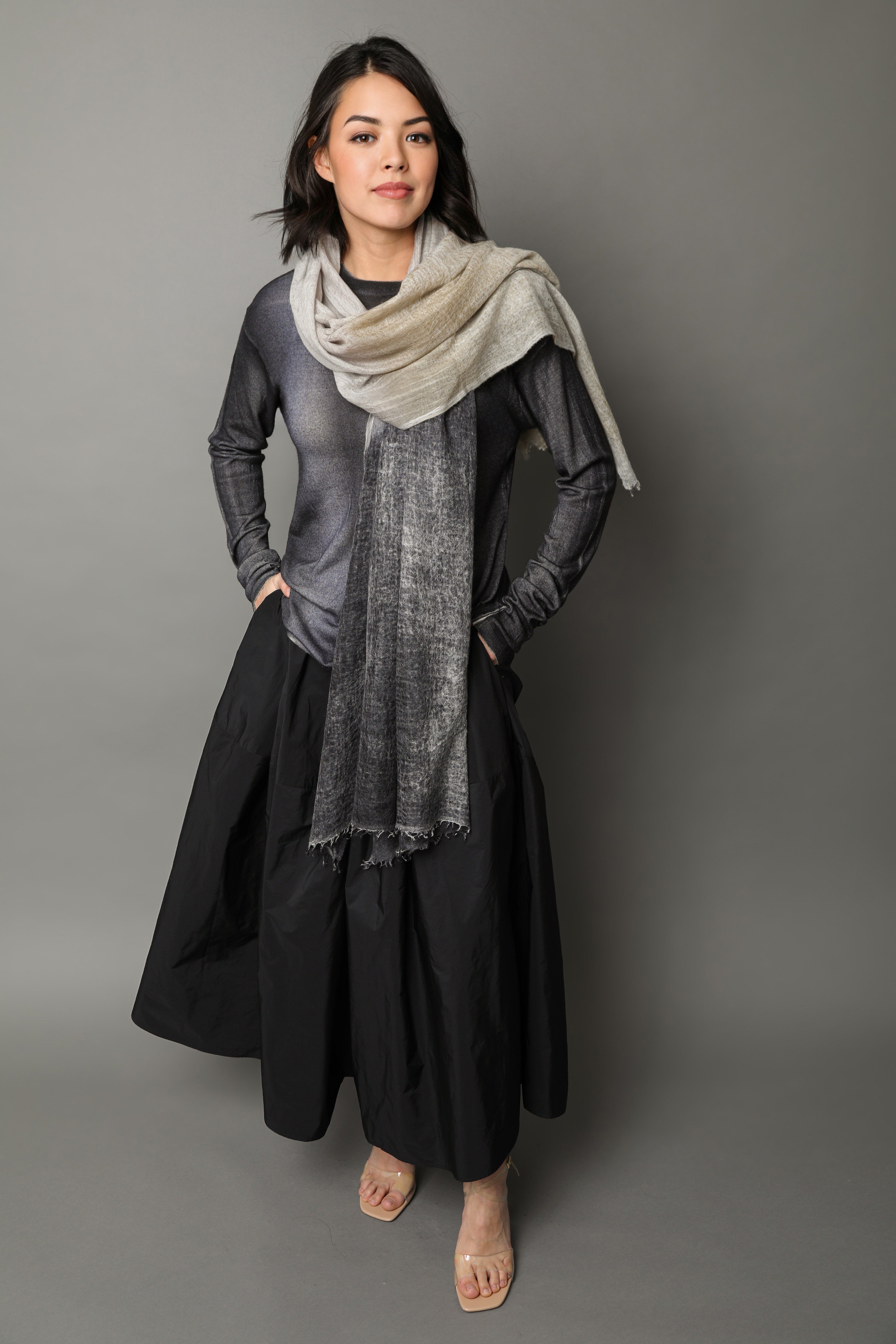 SHILOH CREW IN HAND-DYED CASHMERE CHARCOAL STRIPE