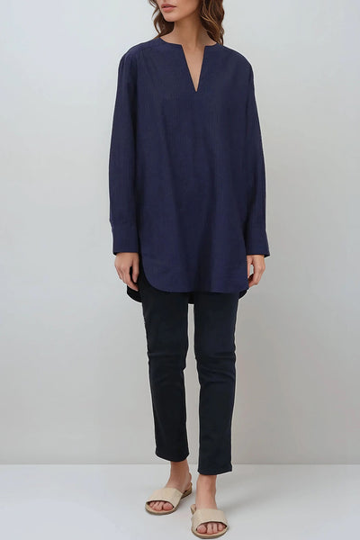 MARAKESH SHIRT IN ITALIAN COTTON-LINEN NAVY BLUE