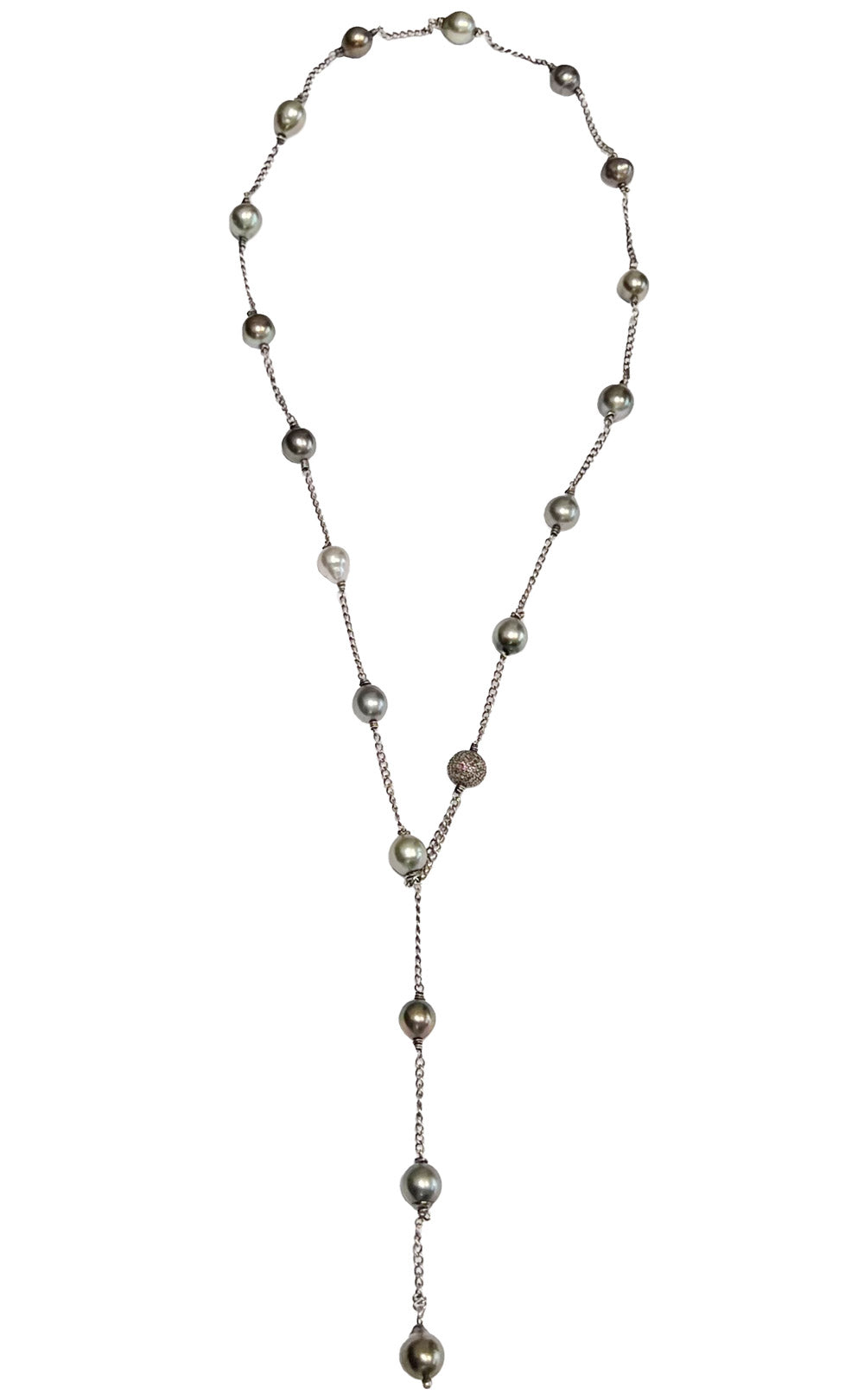 STERLING SILVER TAHITIAN PEARL STATION LARIAT NECKLACE