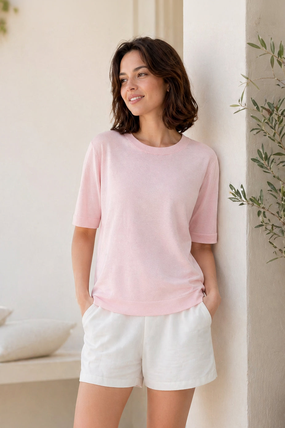 NICO TENNIS ELBOW SLEEVE CREW IN FINE GAUGE ITALIAN SILK COTTON