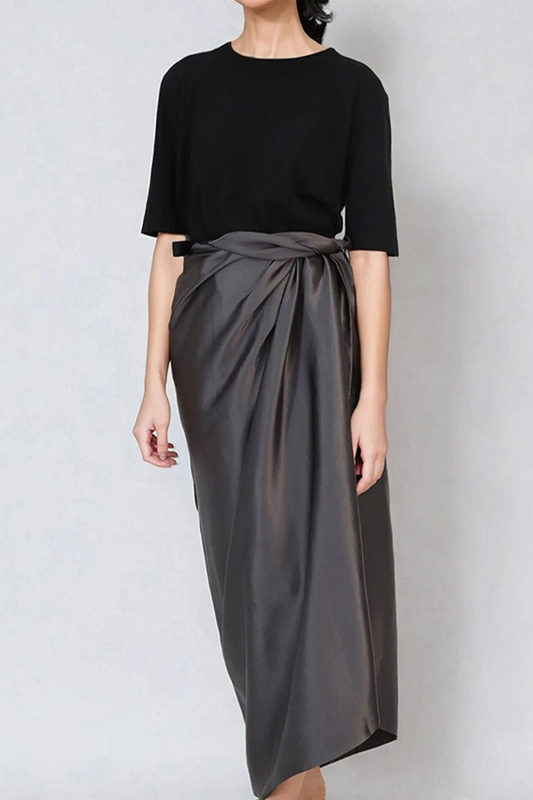 PAREO SKIRT IN CHARMEUSE SILK IN GUNMETAL