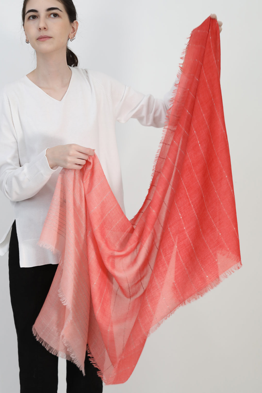 EMBELLISHED SALMON RED ITALIAN CASHMERE SCARF