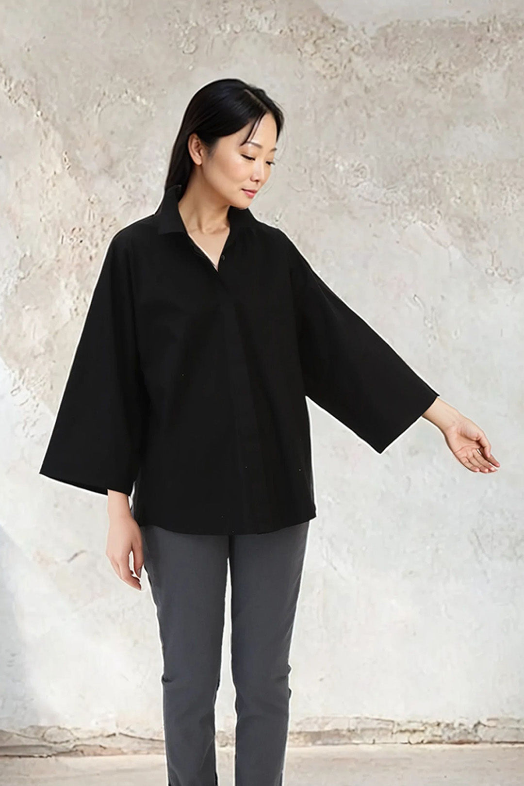 REMI KIMONO SLEEVE SHIRT IN ITALIAN COTTON STRETCH BLACK