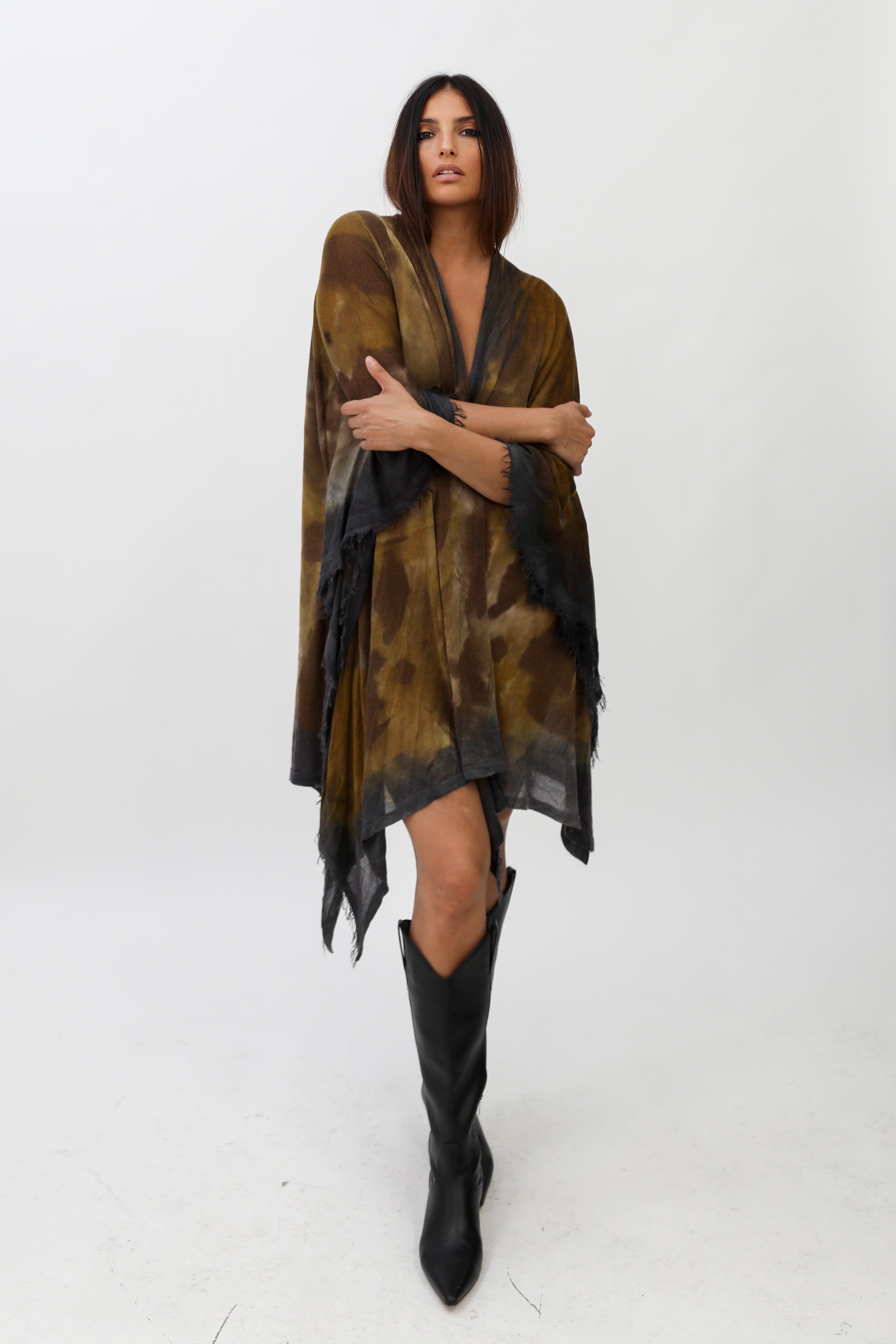 ROSELLA HANDPAINTED CASHMERE CARDIGAN IN OKRA CHARCOAL