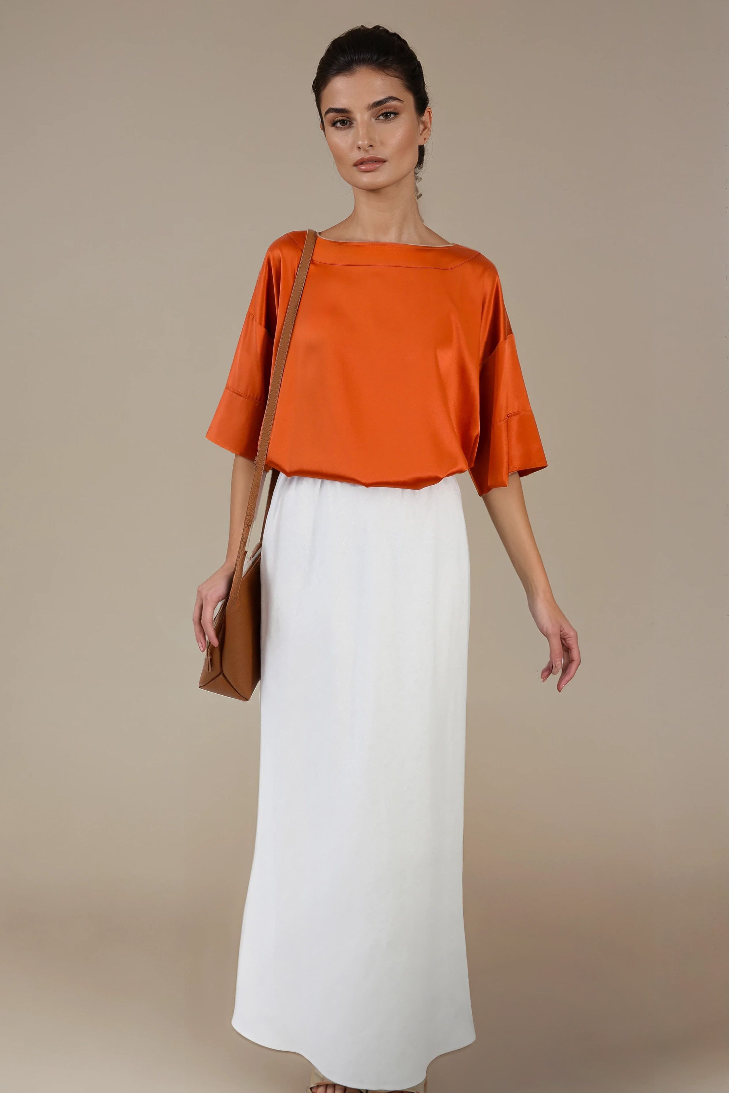 SHELLA SHORT SLEEVE BLOUSE IN BURNT ORANGE SILK CHARMEUSE
