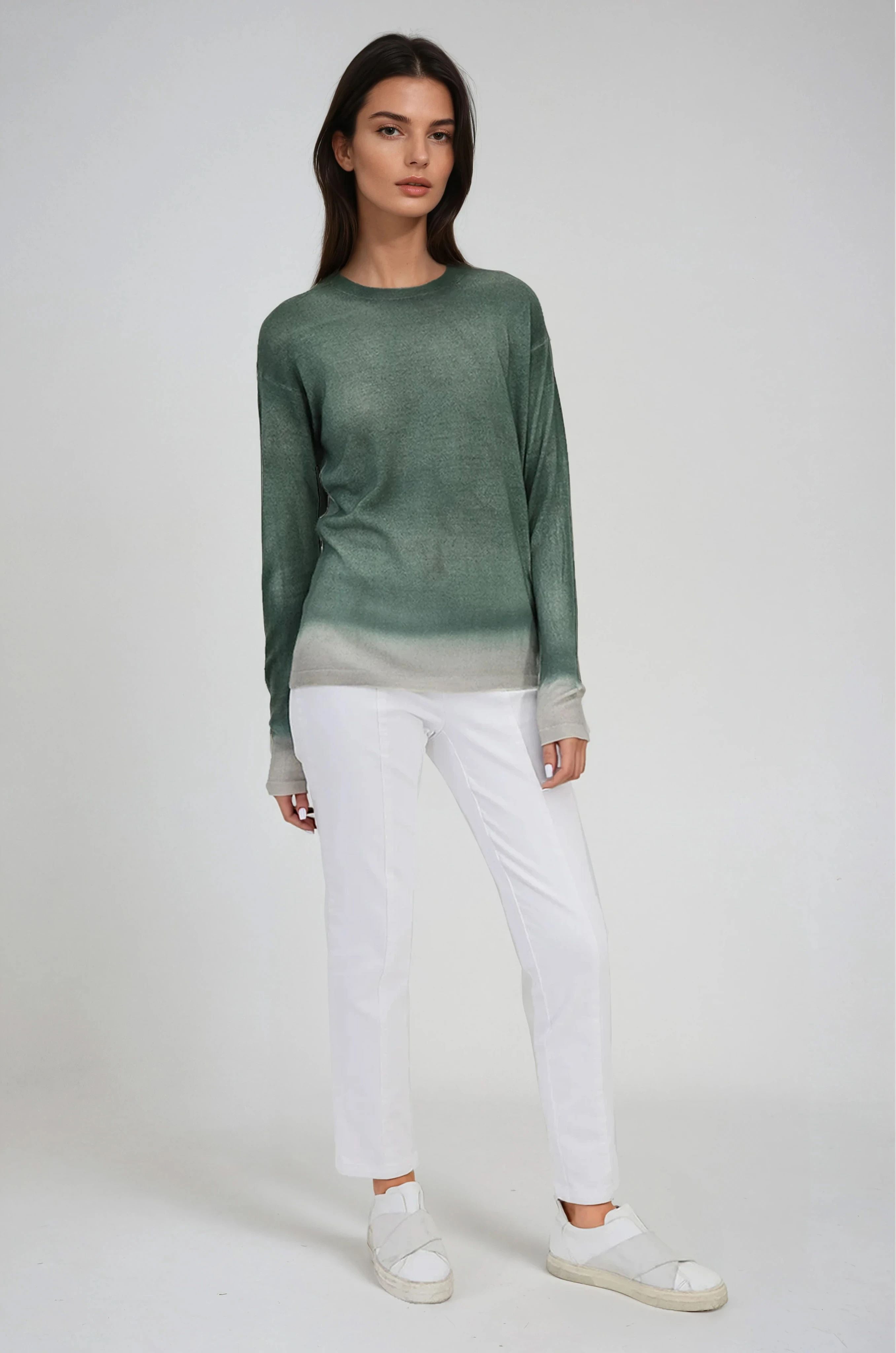 SHILOH CREW IN HAND-DYED CASHMERE FERN BUFF BEIGE STRIPE