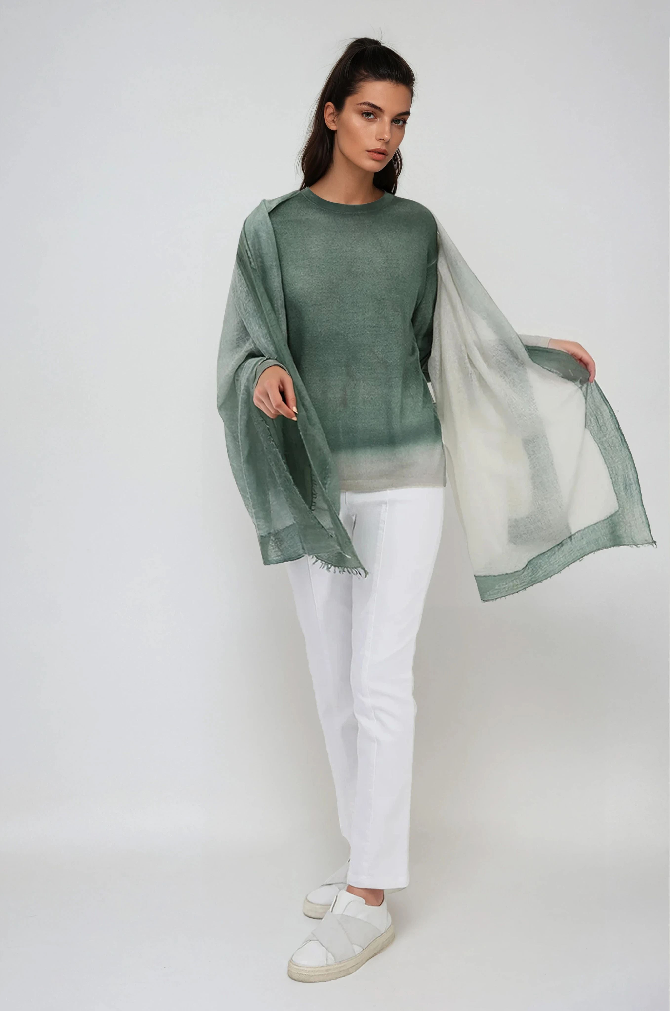 SCARF IN HAND DYED CASHMERE FERN BUFF BEIGE STRIPE