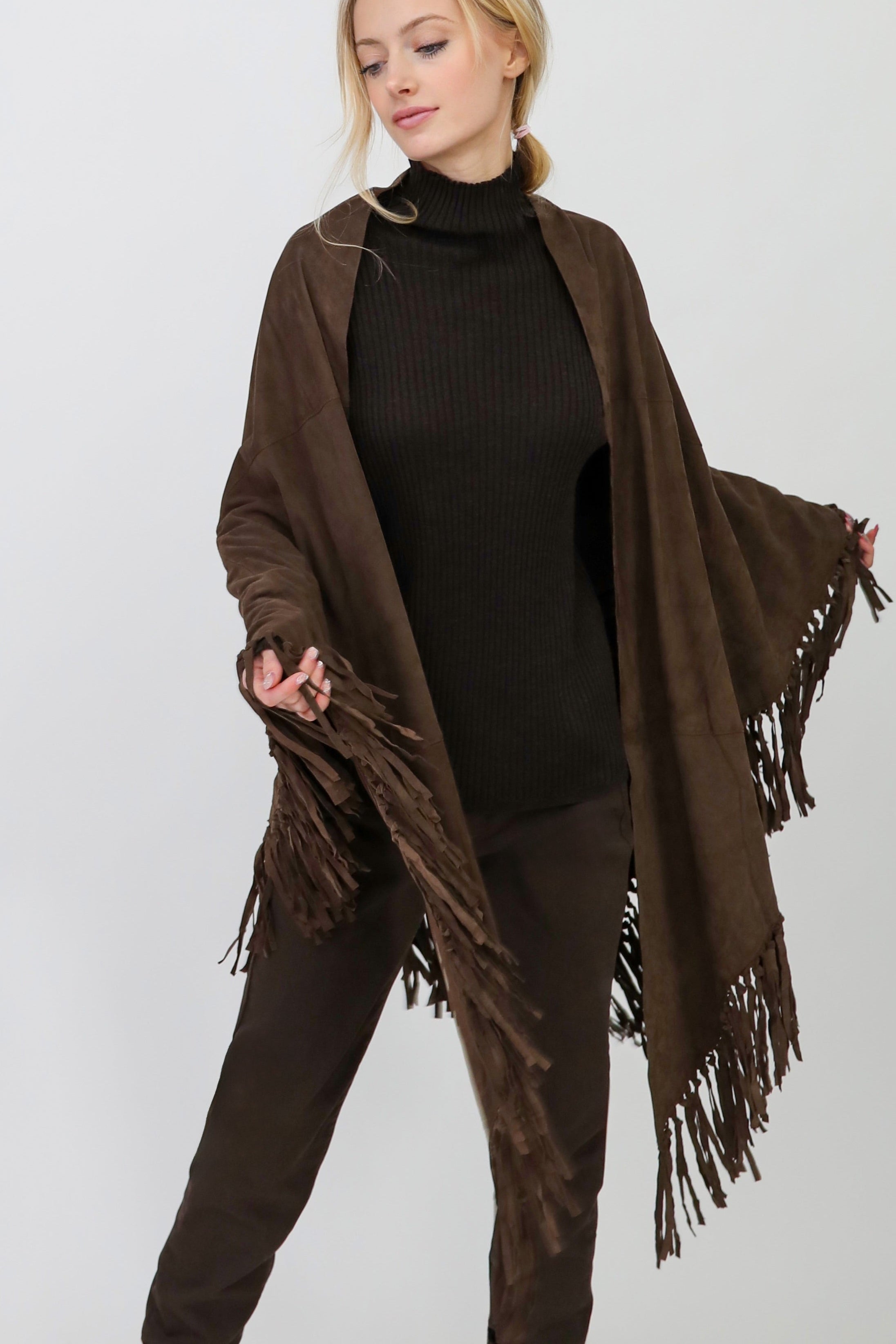 STELLAN SUEDE FRINGE WRAP IN DARK BROWN