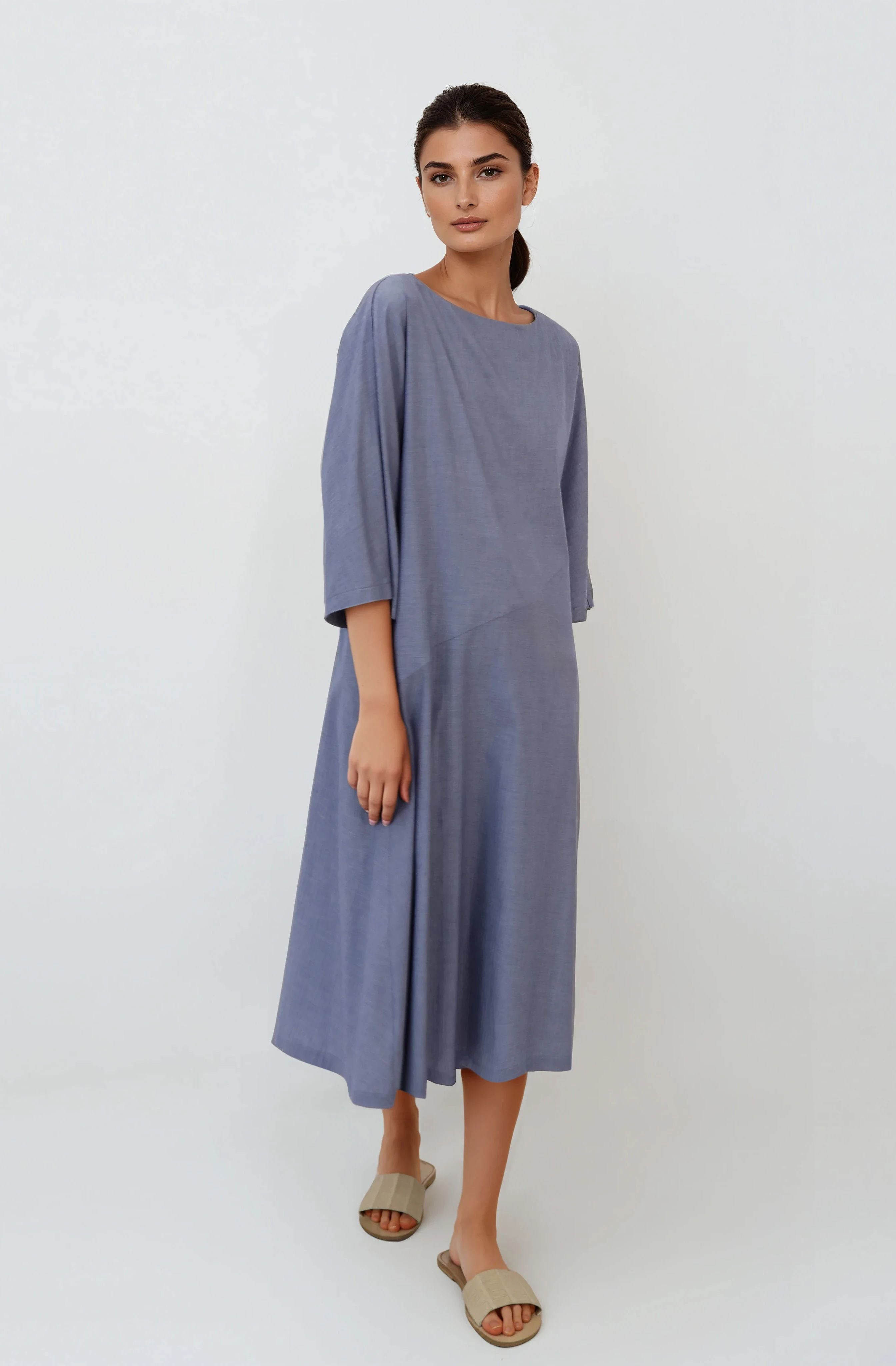 DELLA BATEAU NECK ELBOW SLEEVE DRESS IN STRETCH ITALIAN COTTON