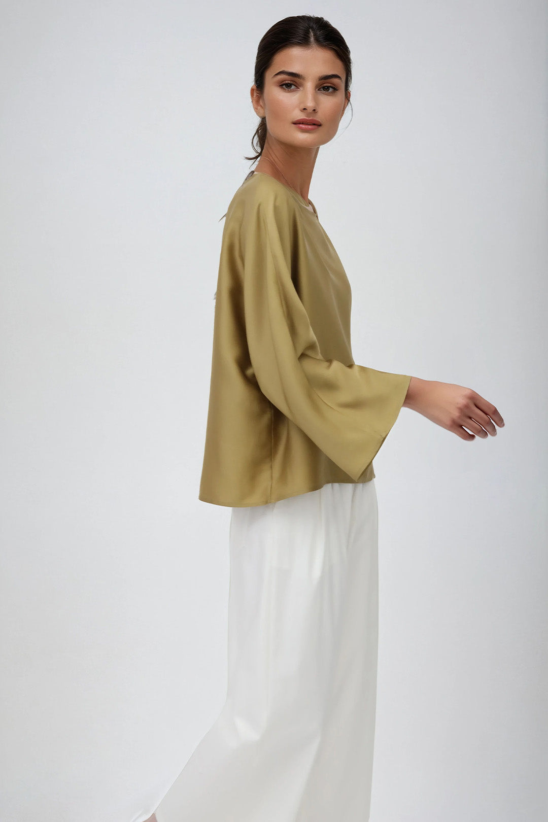 SYLVIE BRACELET SLEEVE BLOUSE IN STRETCH SILK CHARMEUSE IN GOLD