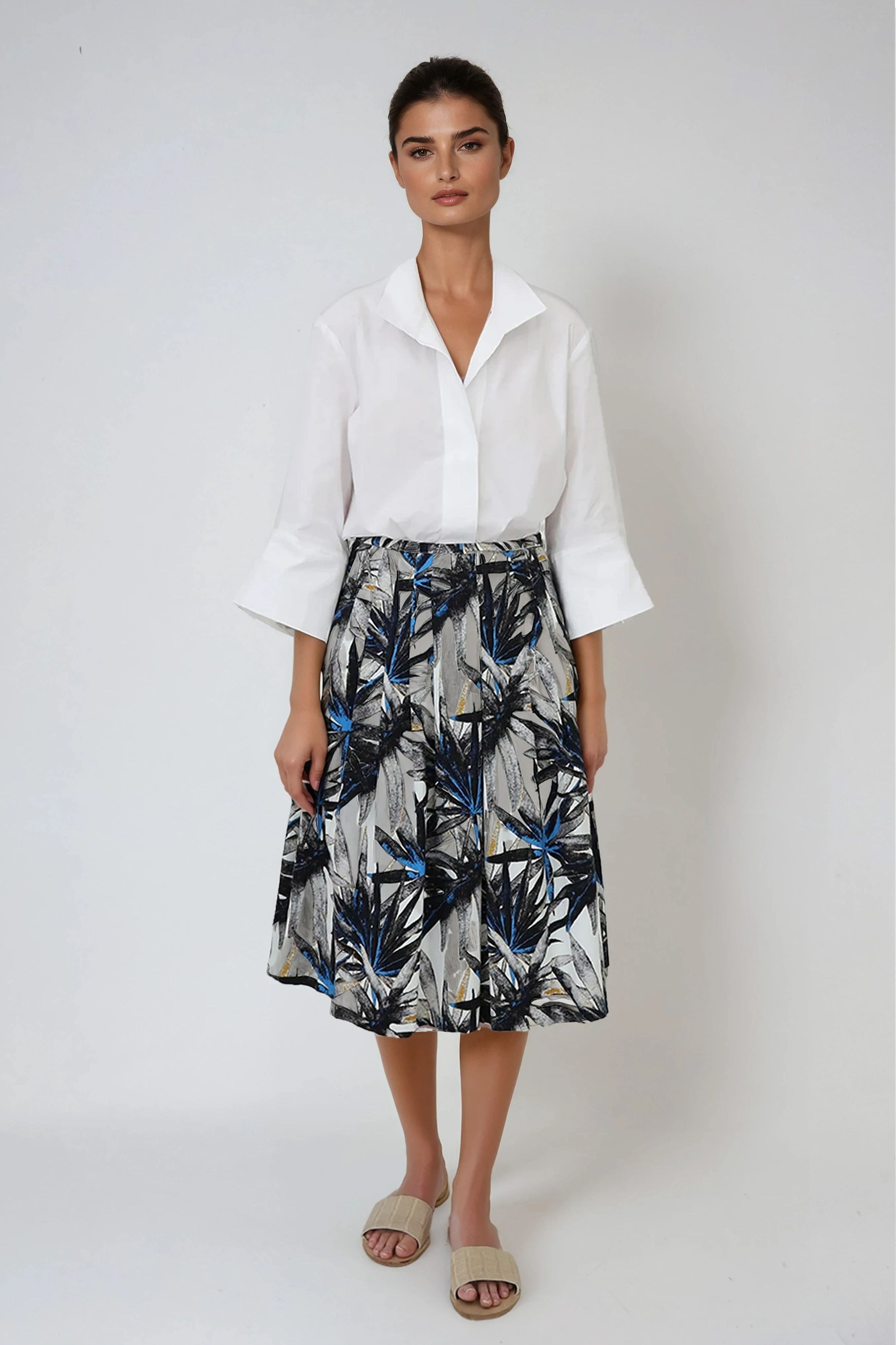 LILOU PRINTED PLEATED SKIRT IN COTTON STRETCH ITALIAN FRONDS