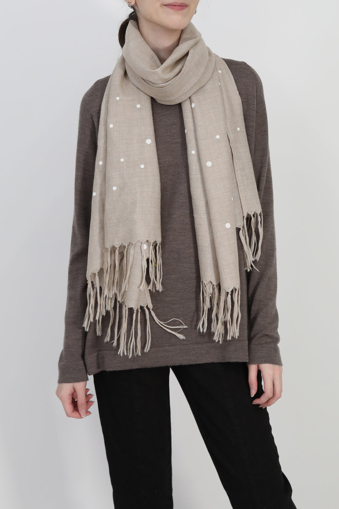 EMBROIDERED PEBBLE SAND ITALIAN CASHMERE SCARF