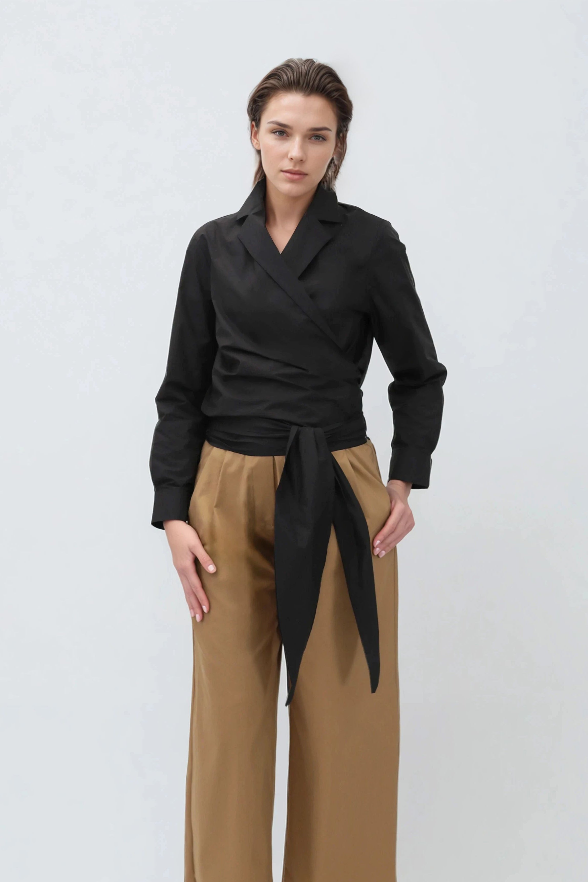TORINO WRAP SHIRT IN BLACK ITALIAN COTTON STRETCH