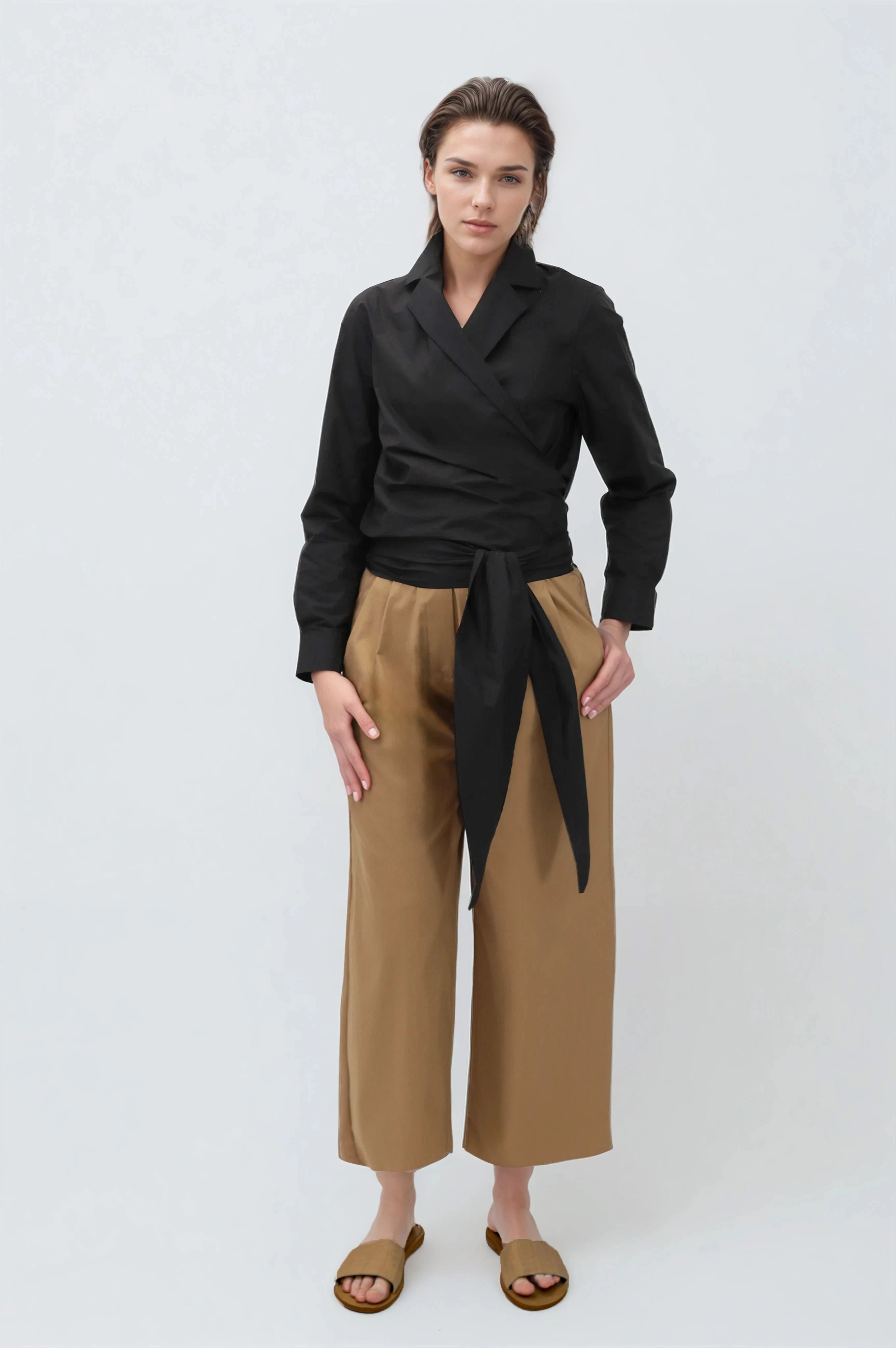 TORINO WRAP SHIRT IN BLACK ITALIAN COTTON STRETCH