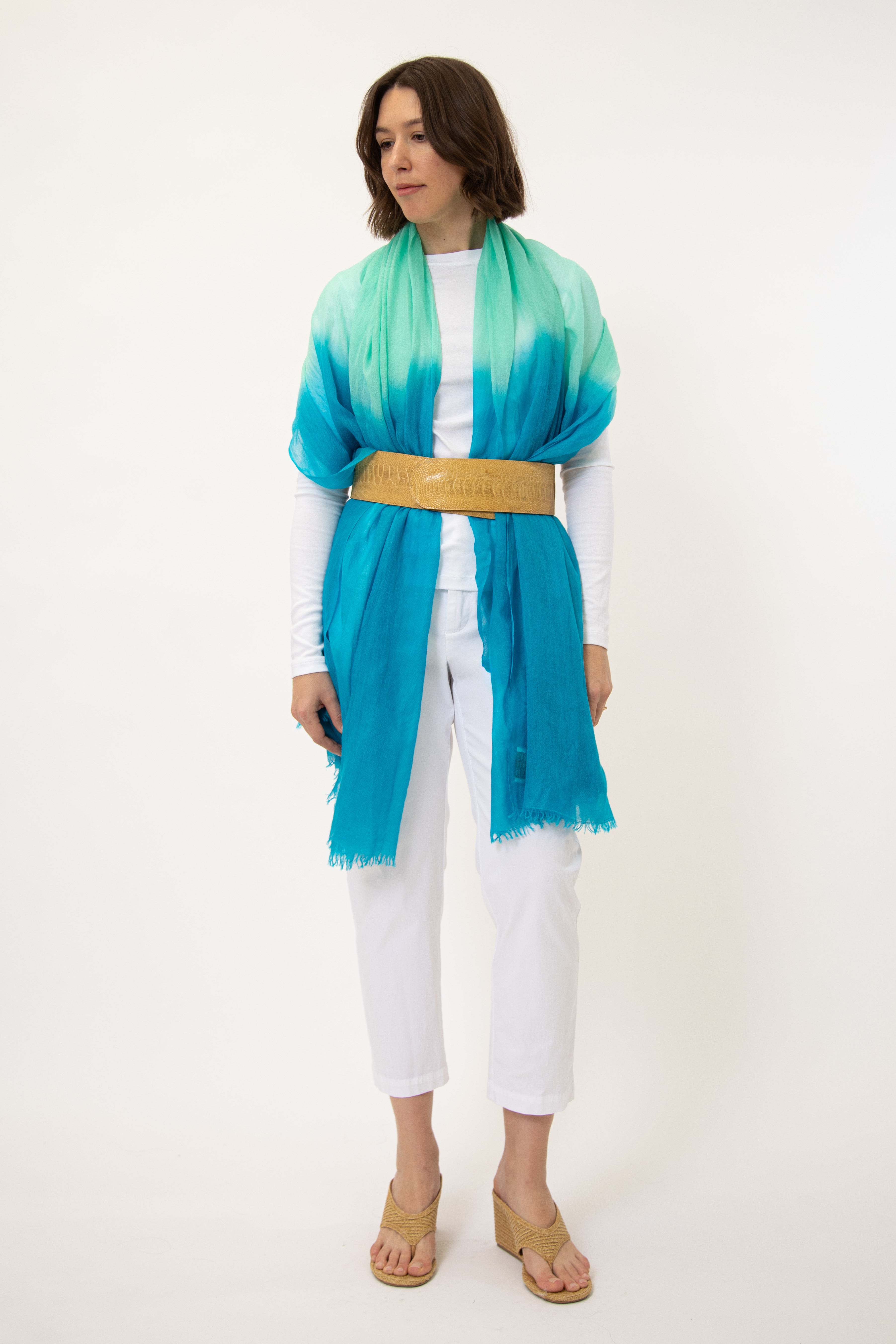 TURQUOISE SHORES LIGHTWEIGHT SCARF IN HAND DYED CASHMERE