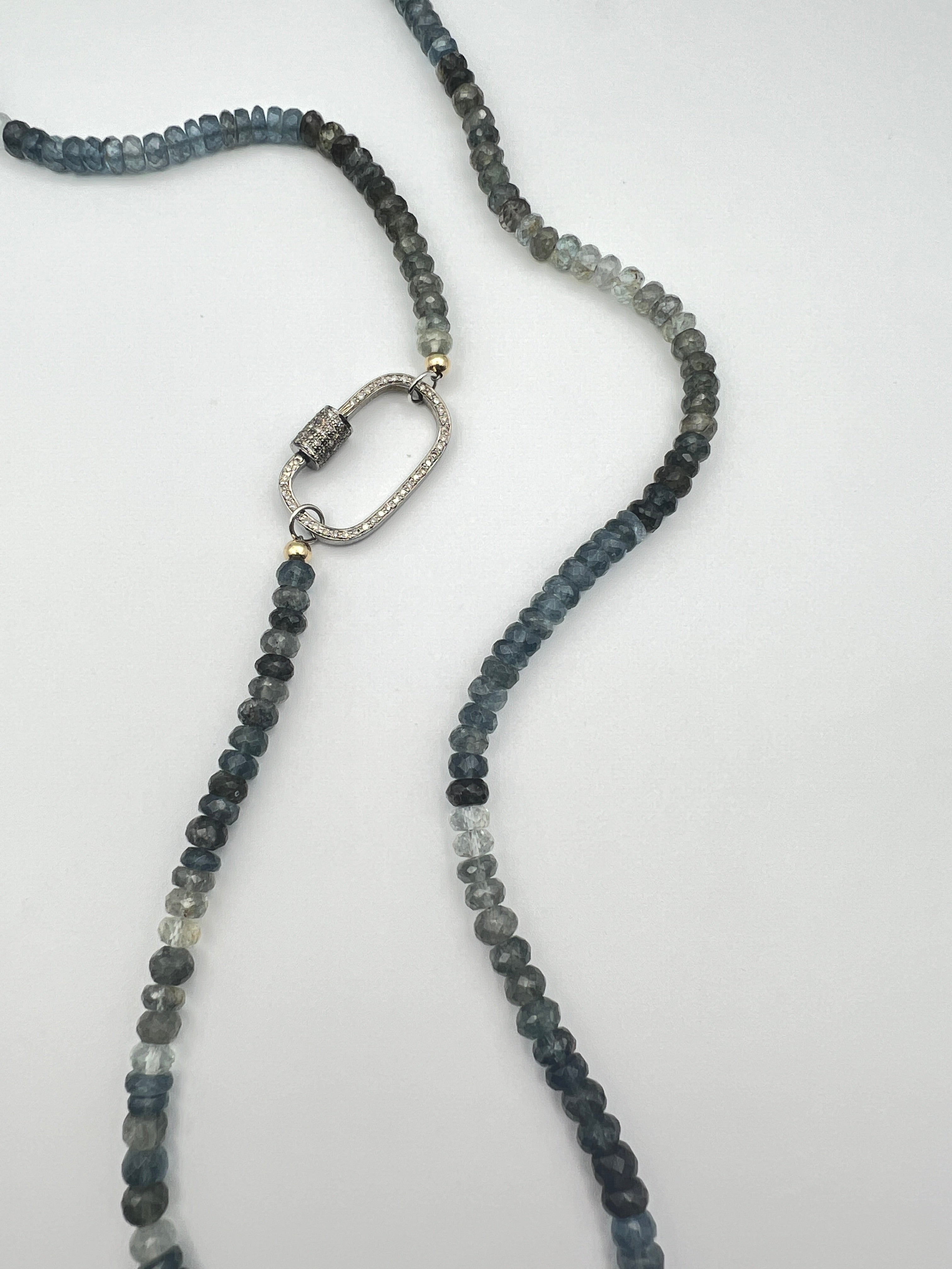 Aquamarine Long Necklace w Diamond Carabiner Clasp - Jarbo