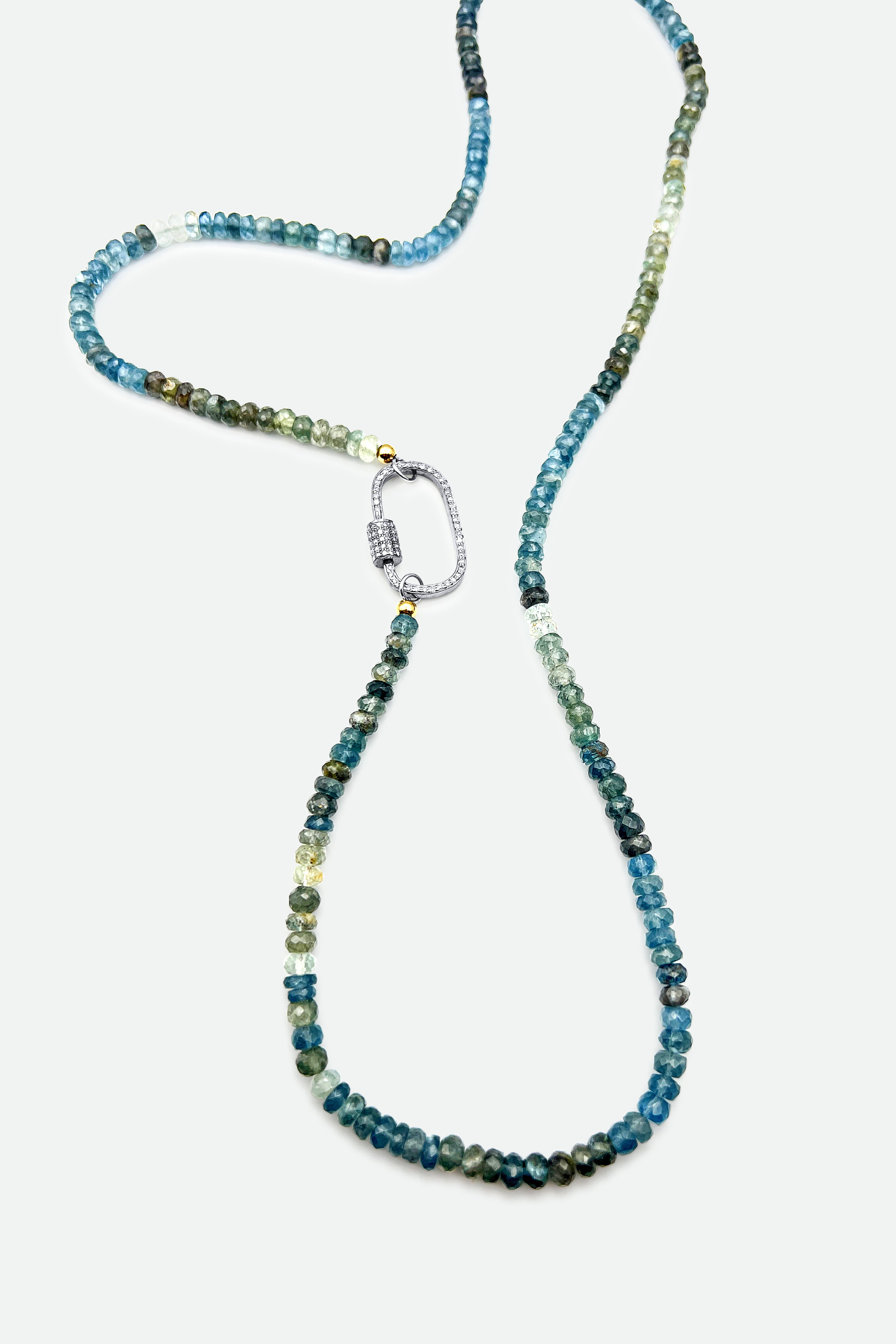 Aquamarine Long Necklace w Diamond Carabiner Clasp - Jarbo