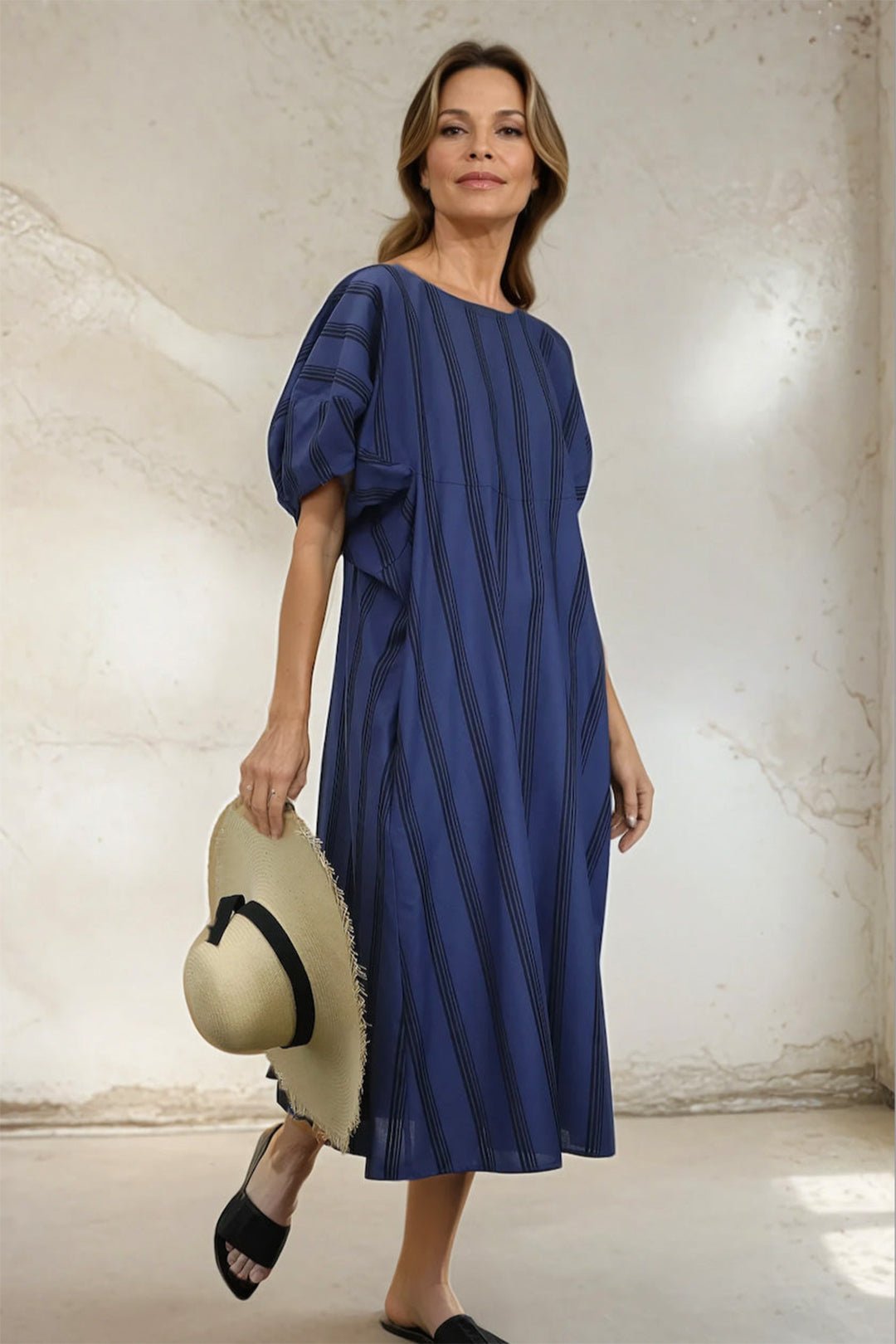 CERCHI SHORT SLEEVE DRESS IN 100% ITALIAN COTTON BLUE STRIPE - Jarbo