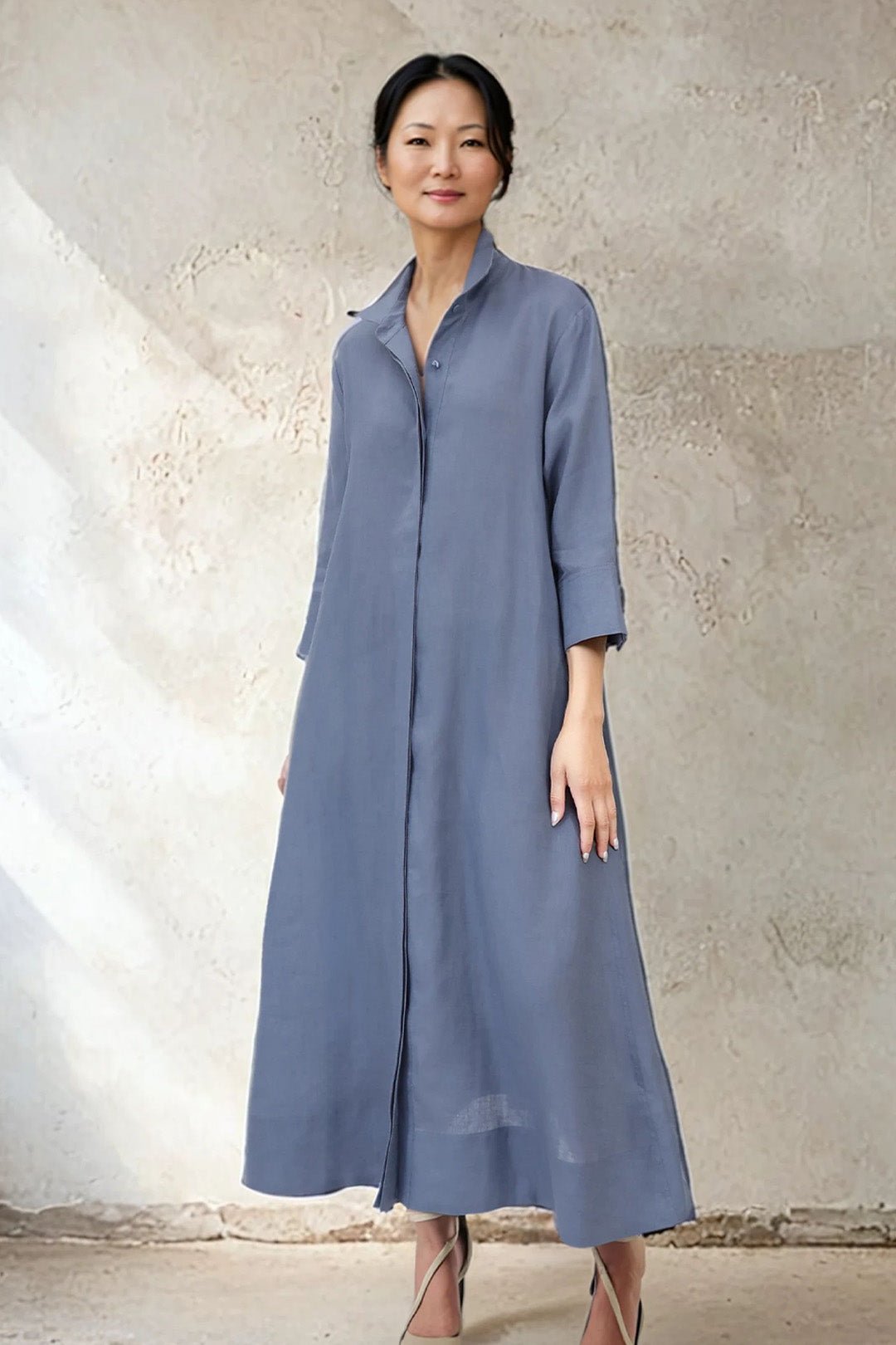 DANNI DRESS IN ITALIAN LINEN DUSTY BLUE