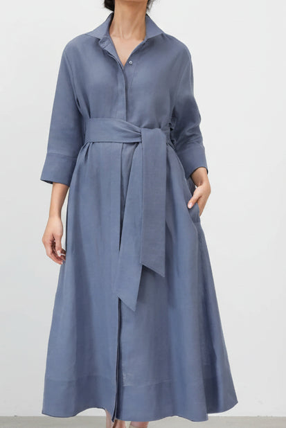 DANNI DRESS IN ITALIAN LINEN DUSTY BLUE - Jarbo