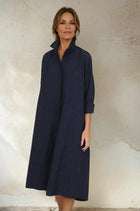 DELPHINE DRESS IN ITALIAN COTTON JACQUARD INDIGO ROSES