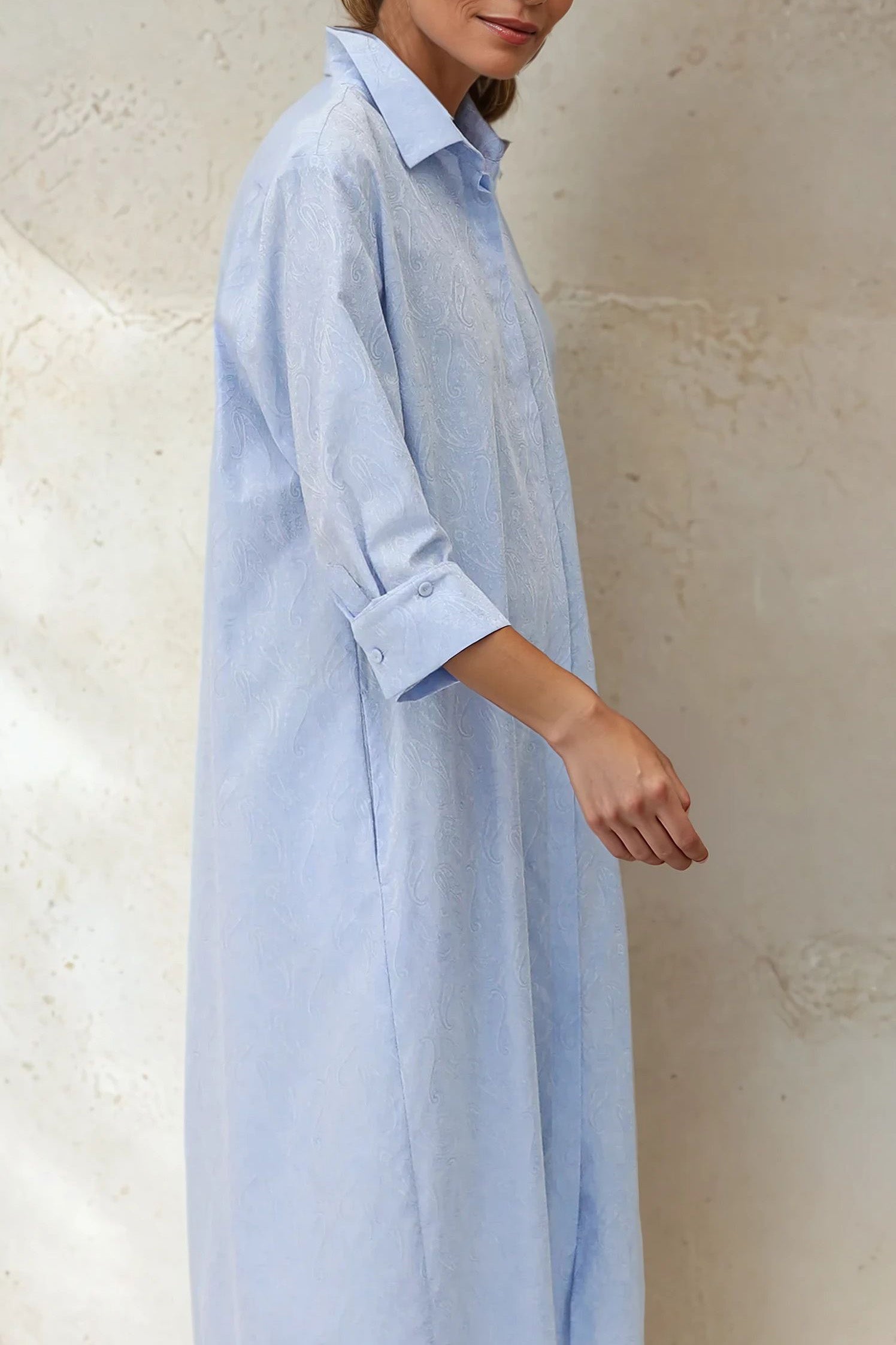 DELPHINE DRESS IN ITALIAN COTTON JACQUARD LIGHT BLUE PAISLEY - Jarbo