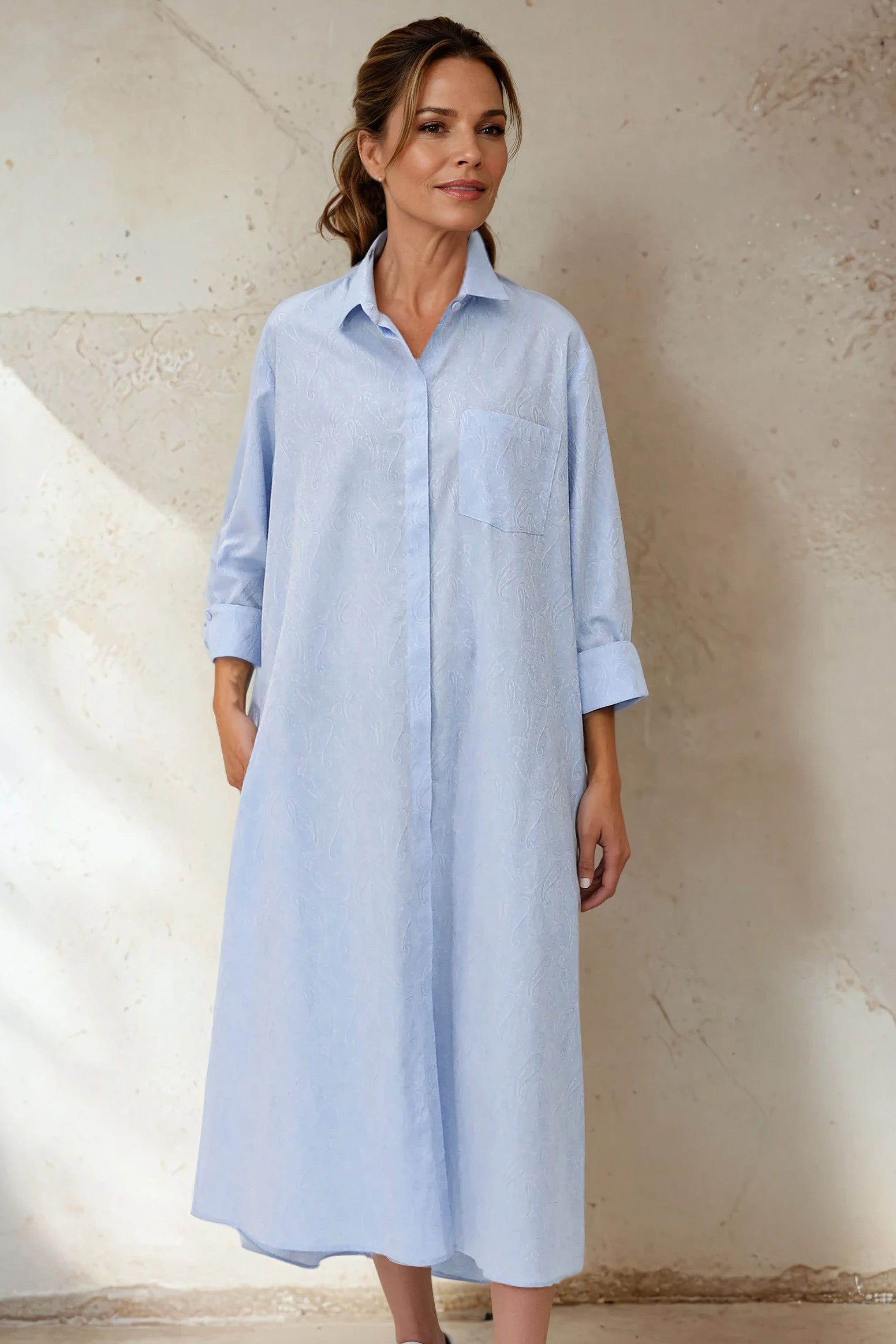 DELPHINE DRESS IN ITALIAN COTTON JACQUARD LIGHT BLUE PAISLEY - Jarbo