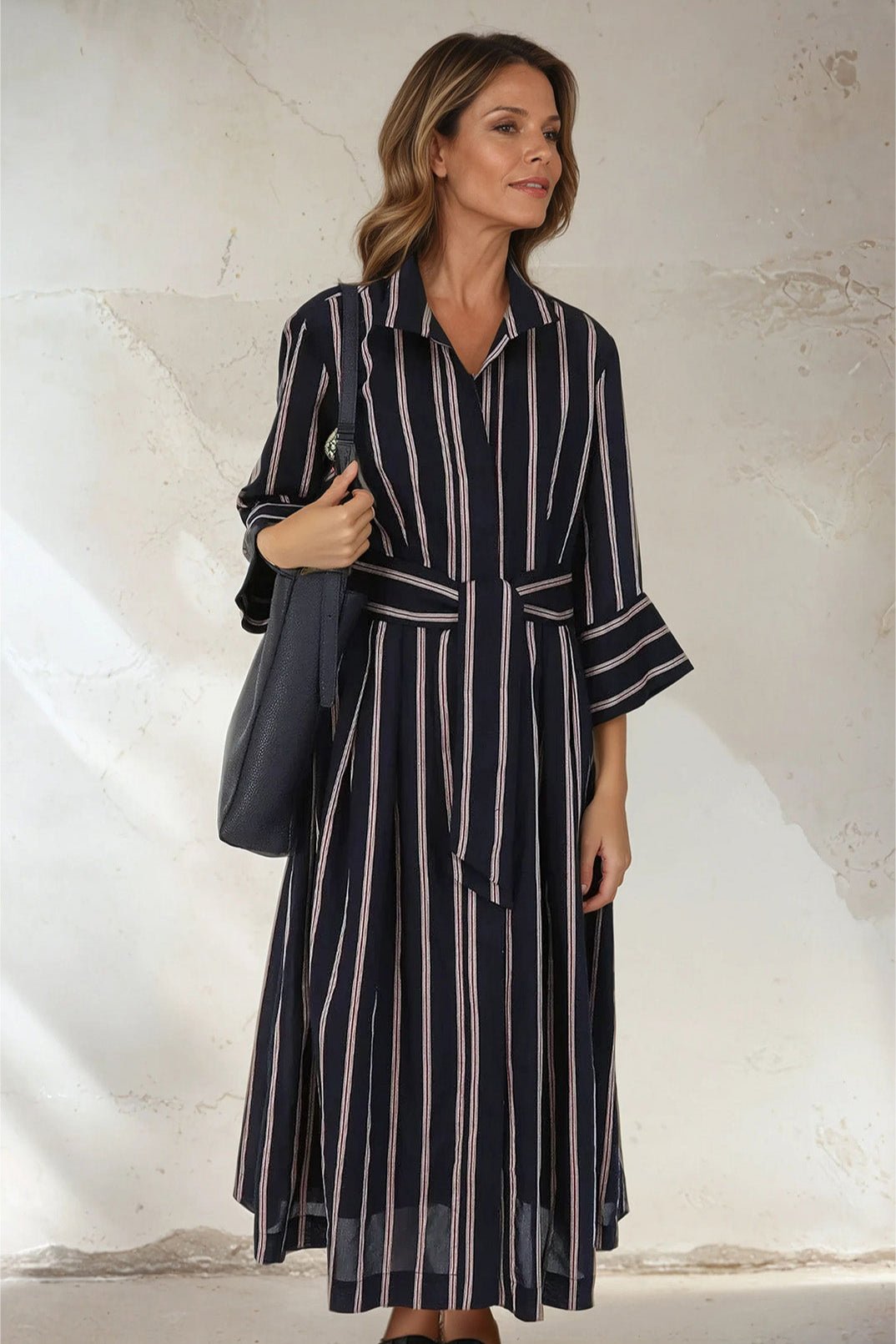 DUNE DRESS IN ITALIAN COTTON JACQUARD BLACK BLUE STRIPE - Jarbo