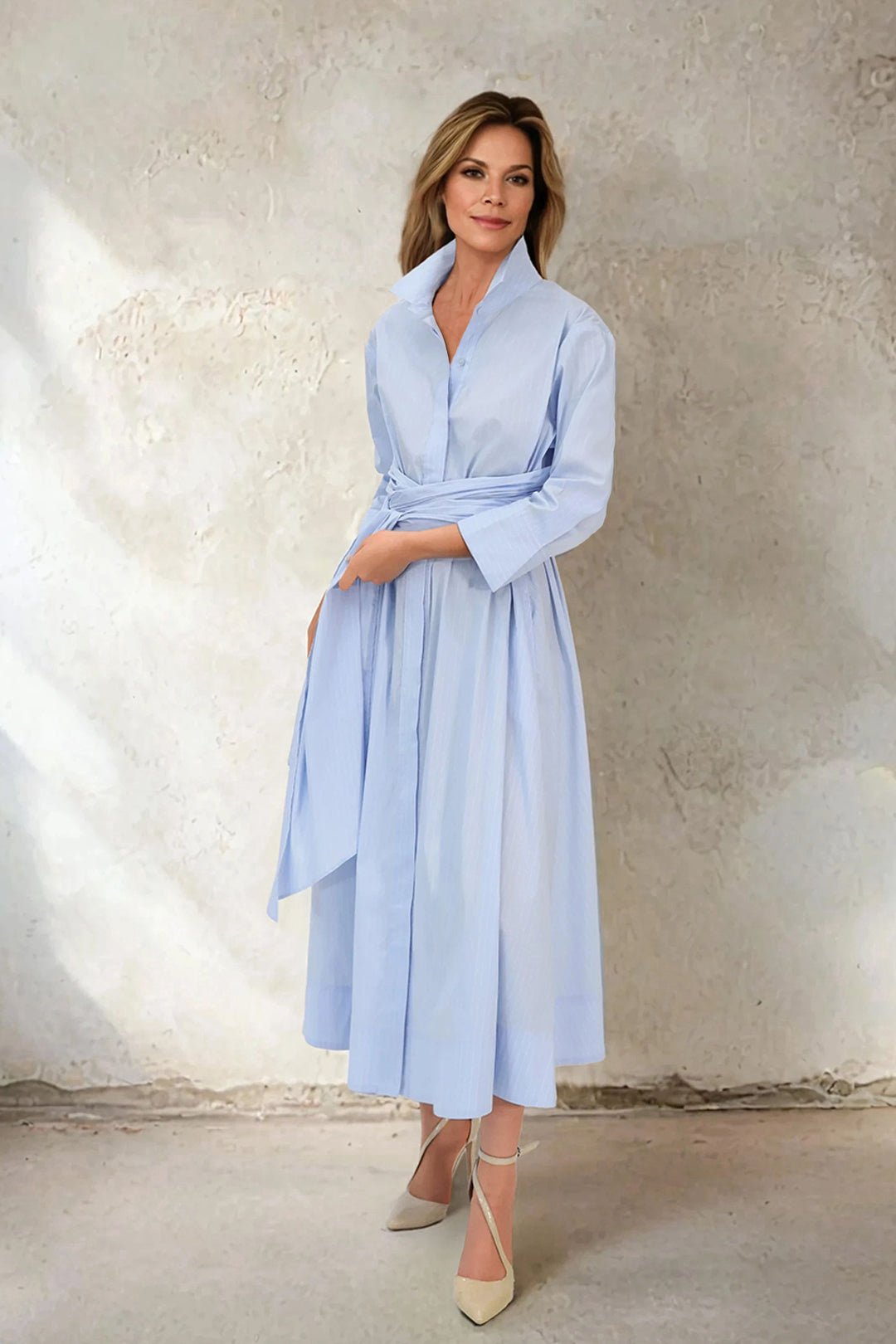 DUSK DRESS IN FINE ITALIAN COTTON STRETCH LIGHT BLUE PINSTRIPE - Jarbo