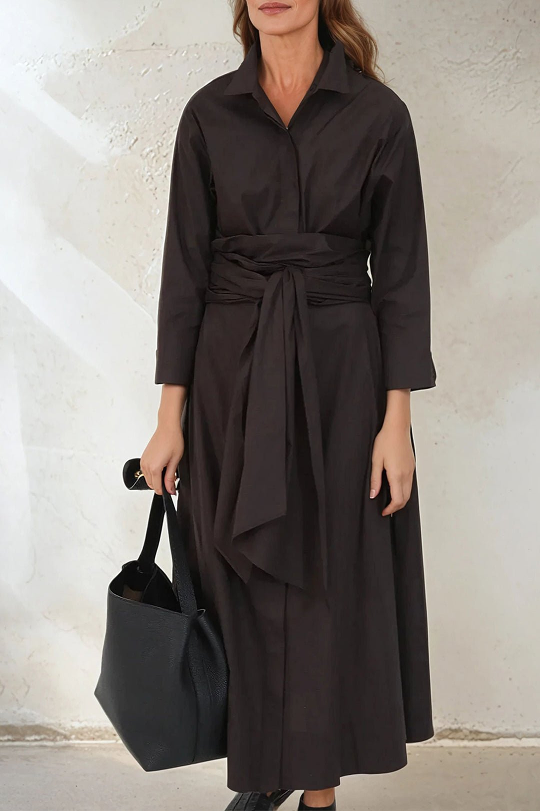 DUSK DRESS IN FINE ITALIAN POPLIN COTTON BLACK COFFEE ROAST - Jarbo