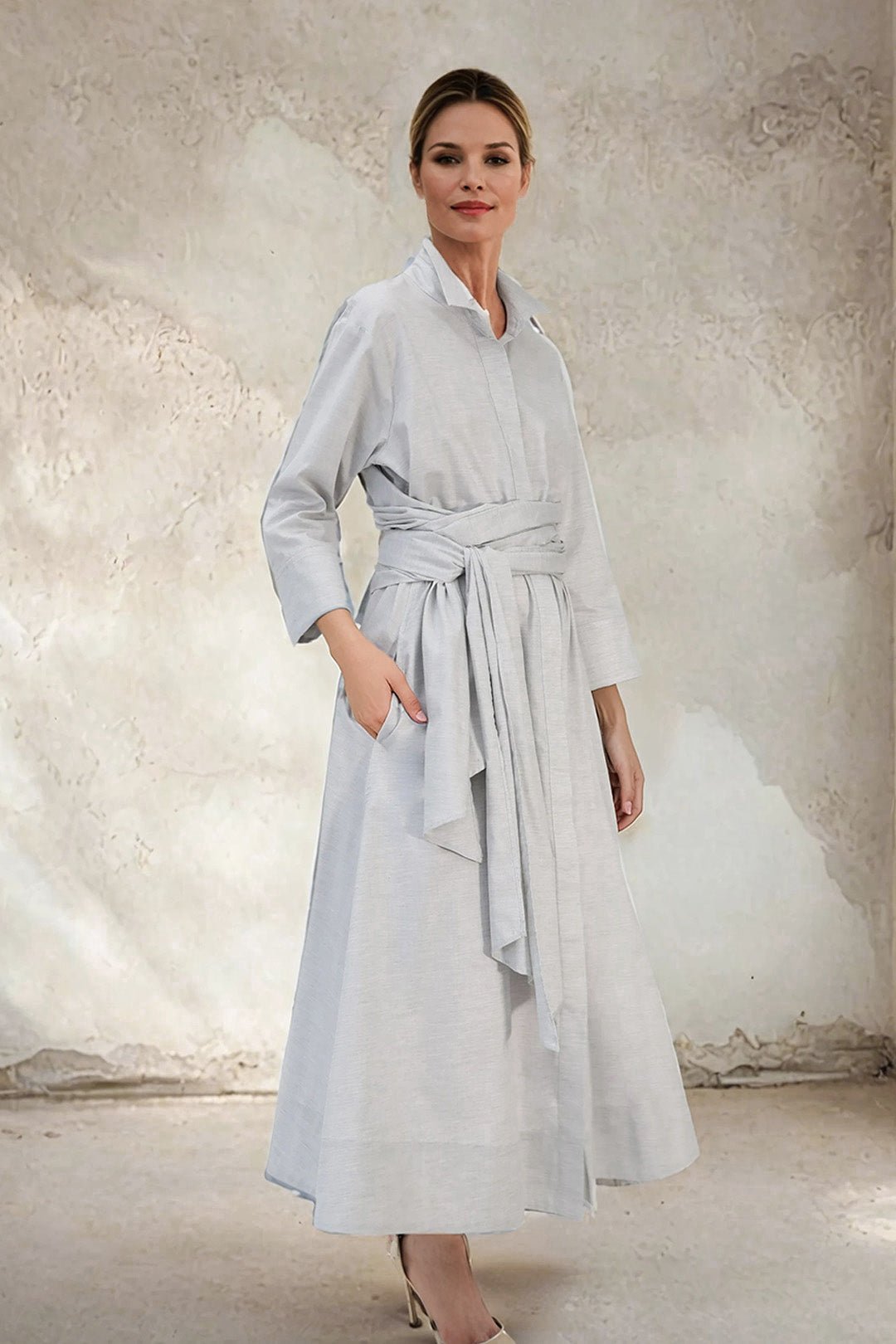 DUSK DRESS IN FINE ITALIAN POPLIN COTTON HEATHER GREY - Jarbo