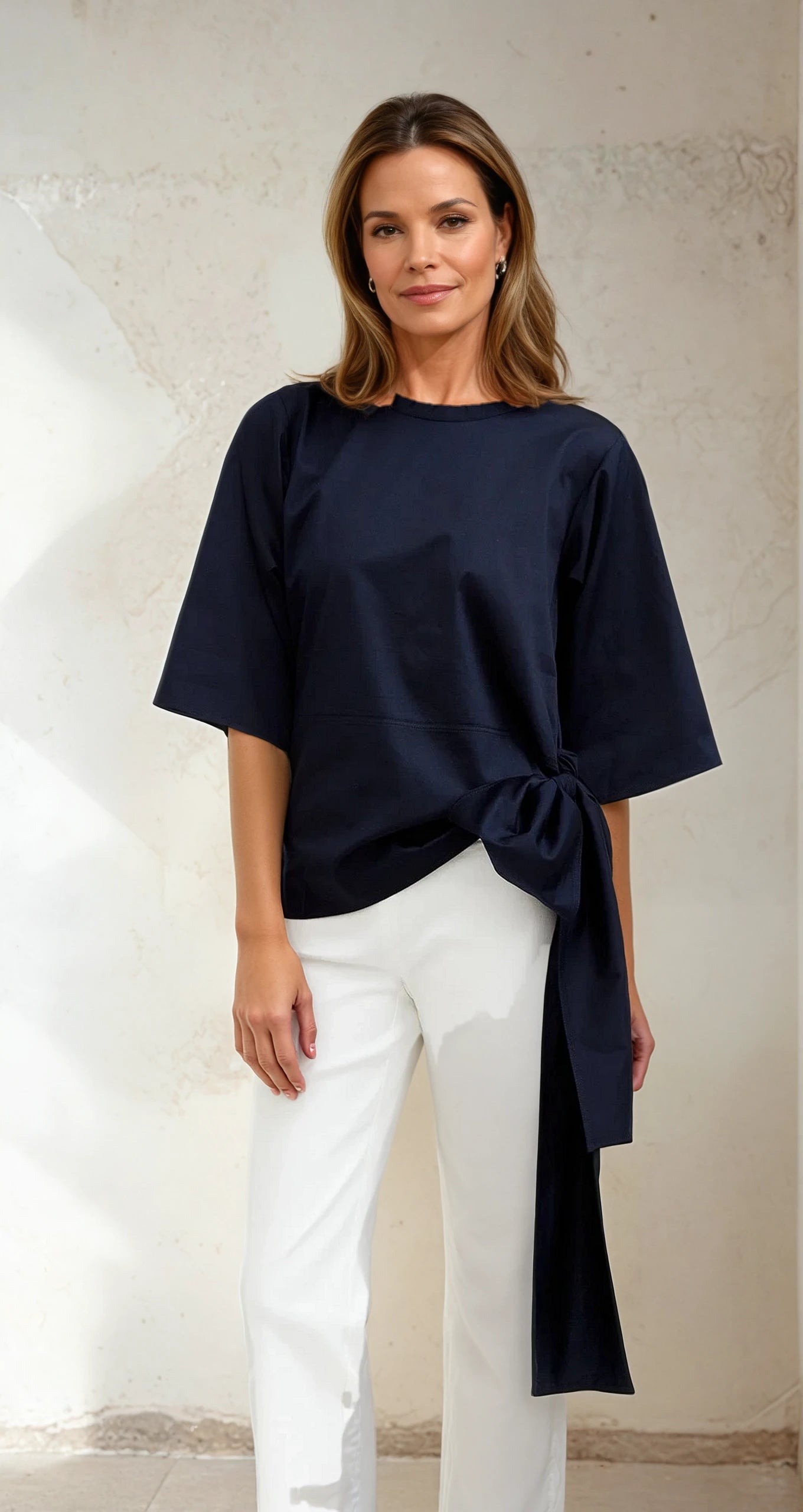 ELNORA CREW SIDE TIE 3/4 SLEEVE SHIRT IN ITALIAN COTTON POPLIN - Jarbo