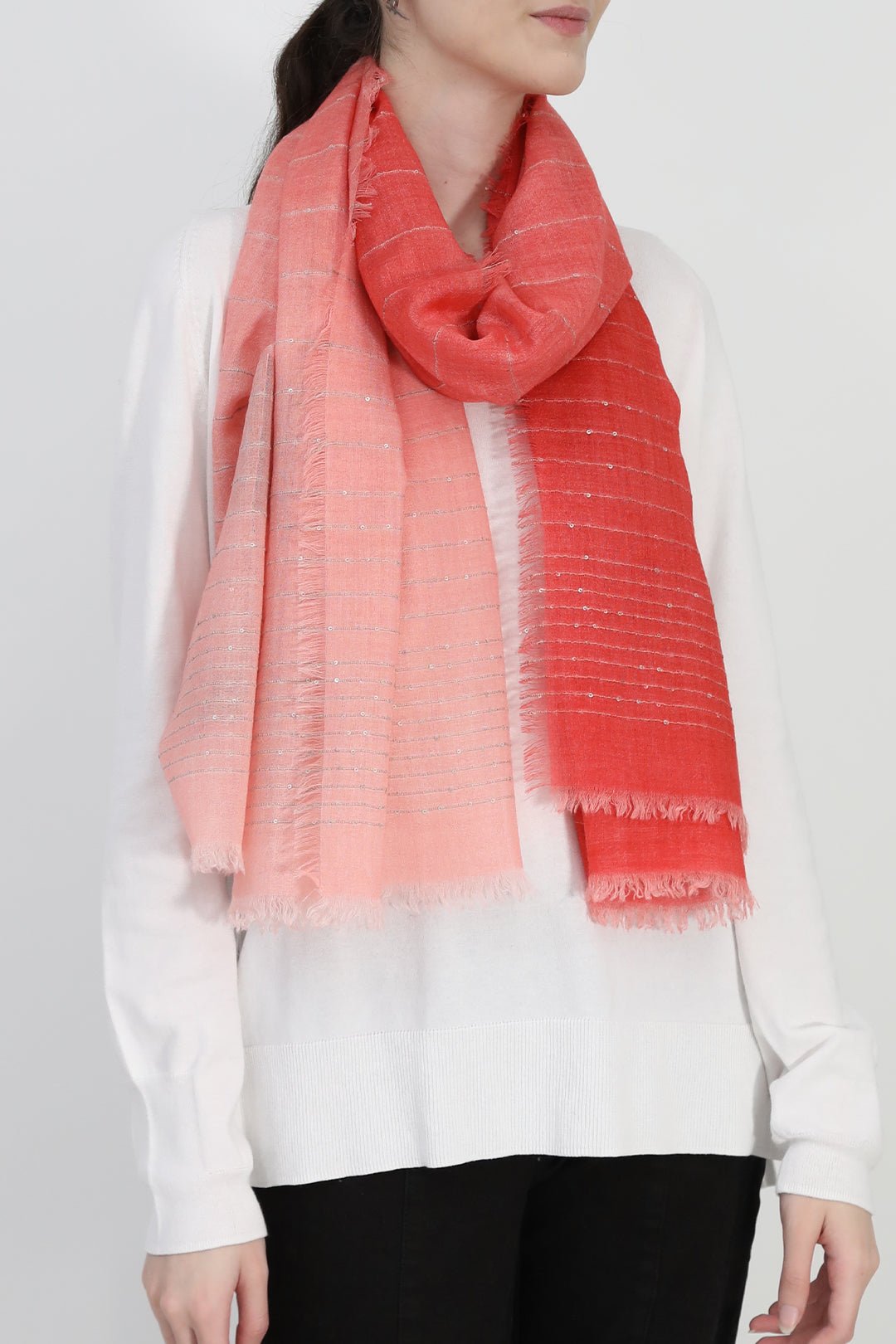 EMBELLISHED SALMON RED ITALIAN CASHMERE SCARF - Jarbo