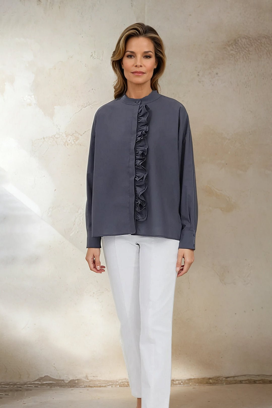 FLEUR RUFFLE SHIRT IN COTTON SLATE GREY - Jarbo
